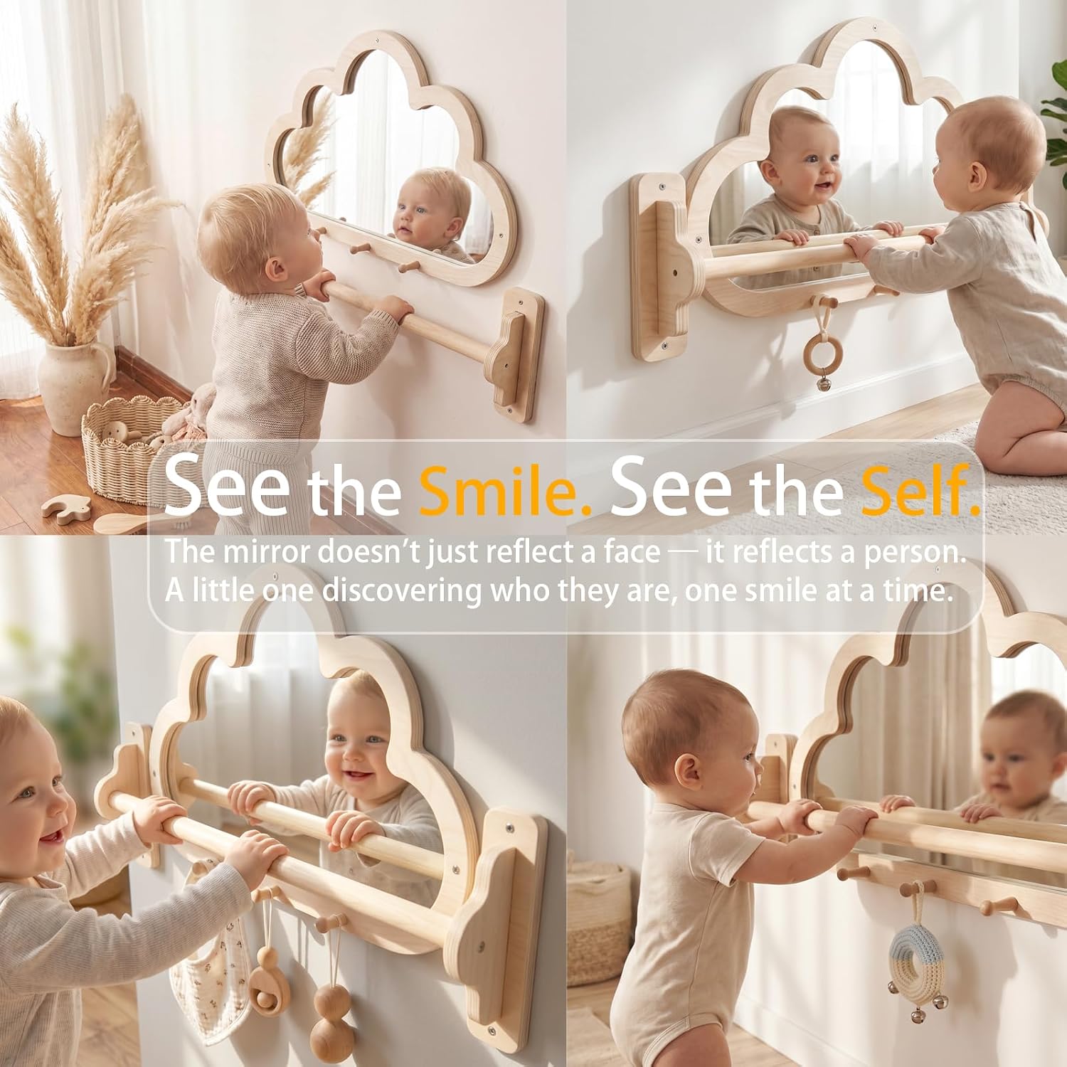 Montessori Baby Mirror with Pull Up Bar, Shatterproof Wooden Toddler Ballet Bar for Wall, Adjustable Pull to Stand Toy with 3 Hanging Pegs for Nursery Gym, 6-18 Months, Cloud Shape