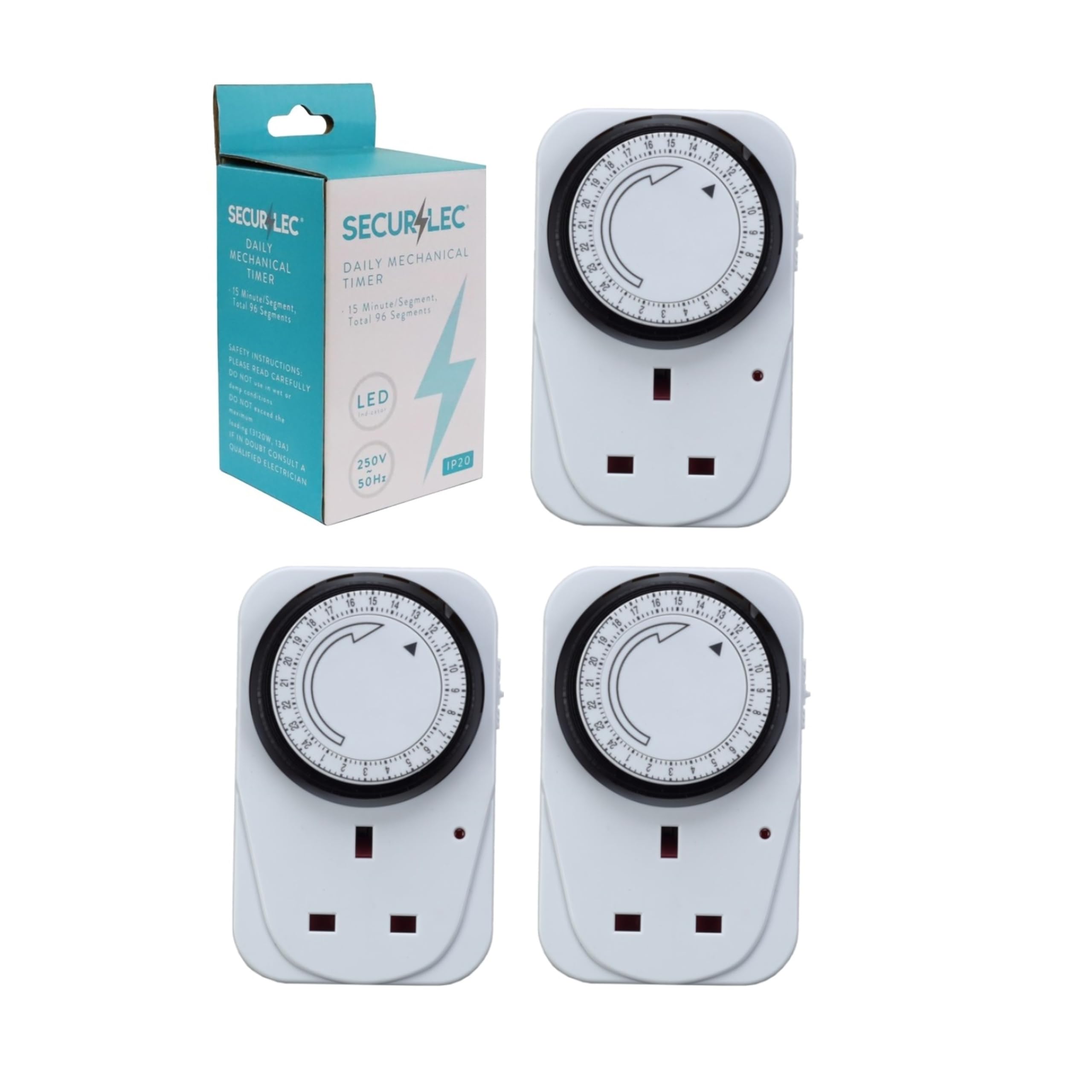 3 x 24hr timer plug - mechanical timer plug - uk 3 pin 24 hour timer plug - 15 minute segment IP20 white plug - energy saving plug in timer.