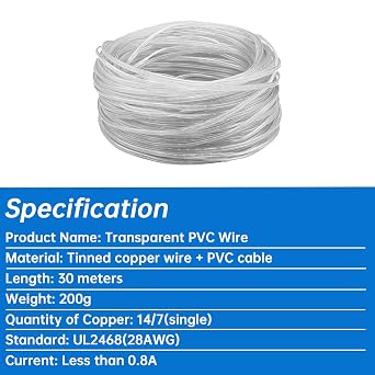 30M Transparent Electrical Wire, 2 Core Cable, 28AWG Clear 2 Core Lamp Wire, Transparent PVC Cable, Diameter 1.6 * 3.2mm, For Small Appliances, Doorbell