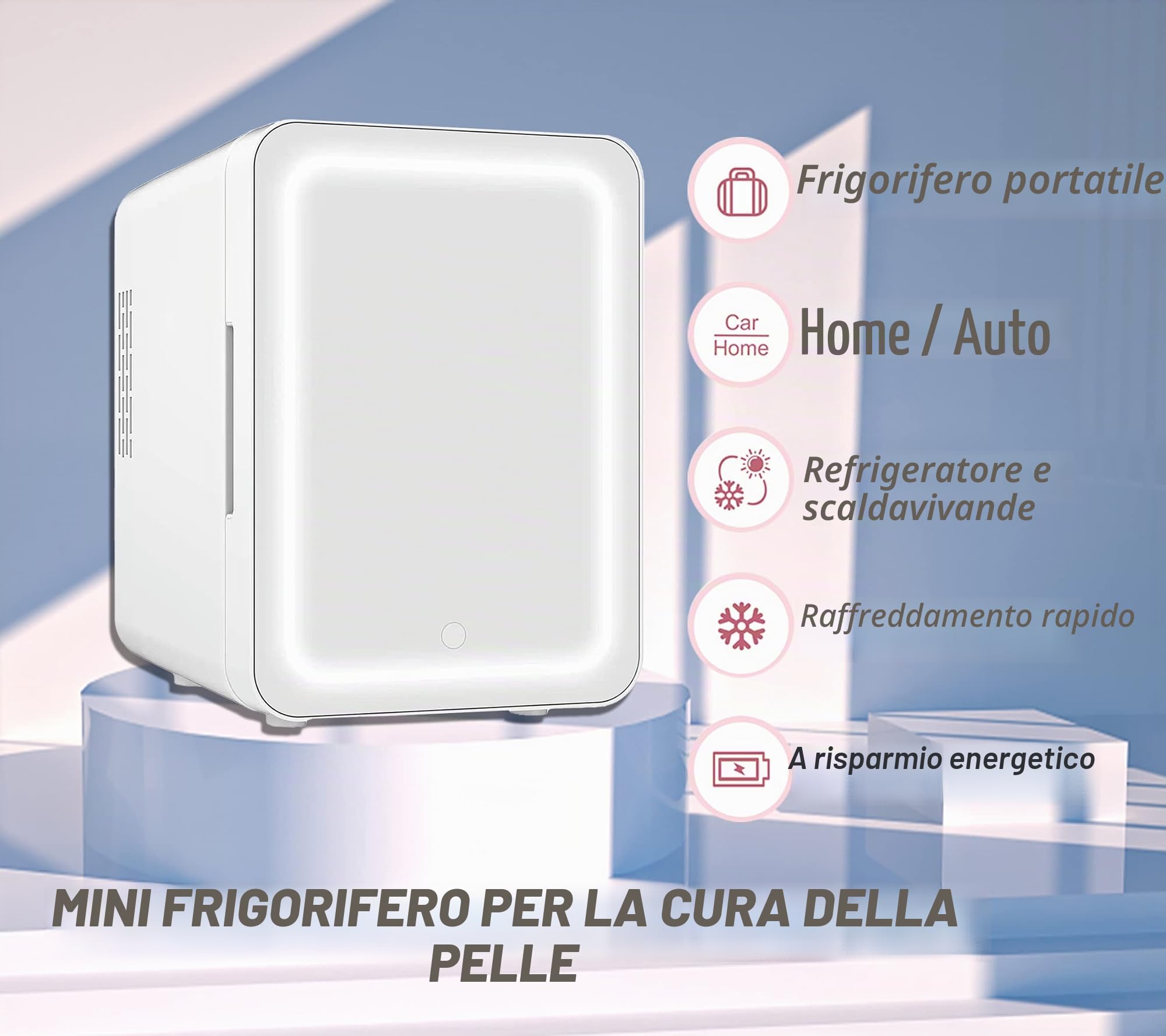 VNIMTI Mini Frigo da Camera 4L, Piccolo Frigorifero Portatile con Specchio LED, Raffreddamento e Riscaldamento, 12V/ 220V, Mini Frigorifero Skincare per Auto, Camera da Letto, Ufficio (Bianco-4L)
