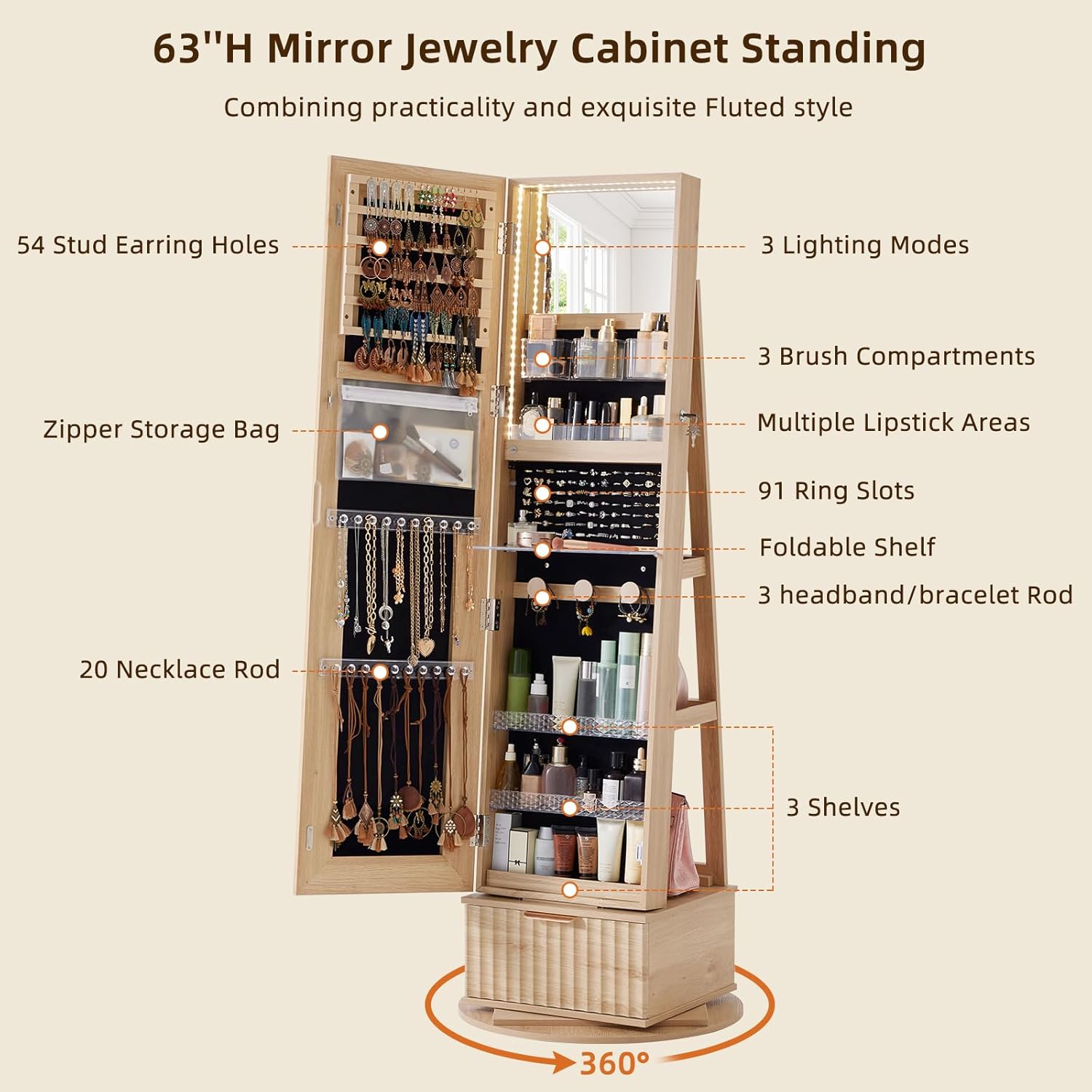 Detailed view of internal storage compartments and LED lights