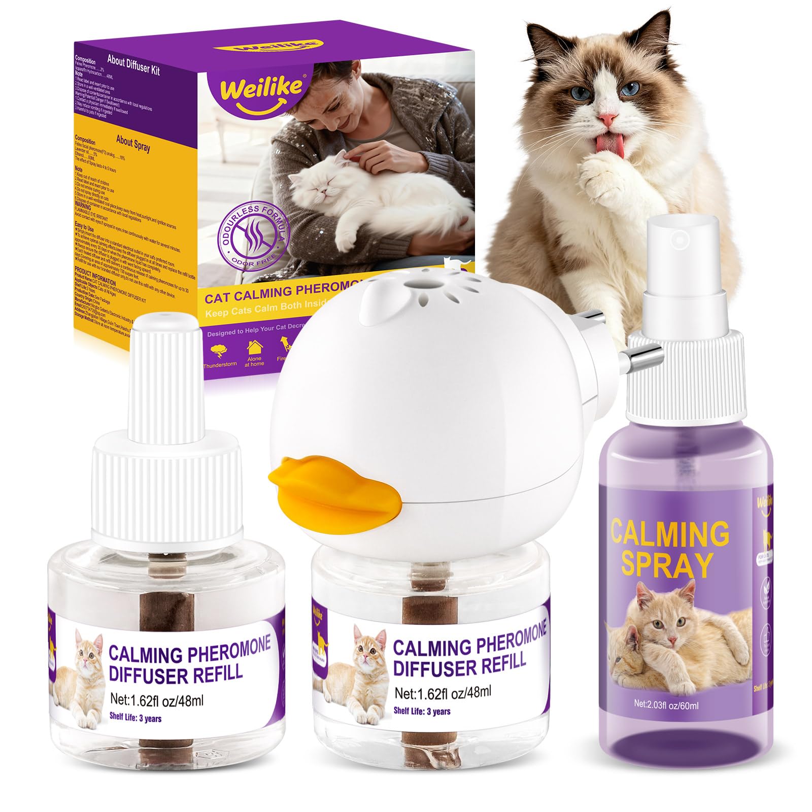 Diffuseur Et Spray Calmants De Phéromones pour Chats,Soulagement du Stress Réduisent Les Bagarres Et Les Griffures,Solution Sûre Et Efficace pour Les Chats Anxieux (2 Recharge+1 Spray)