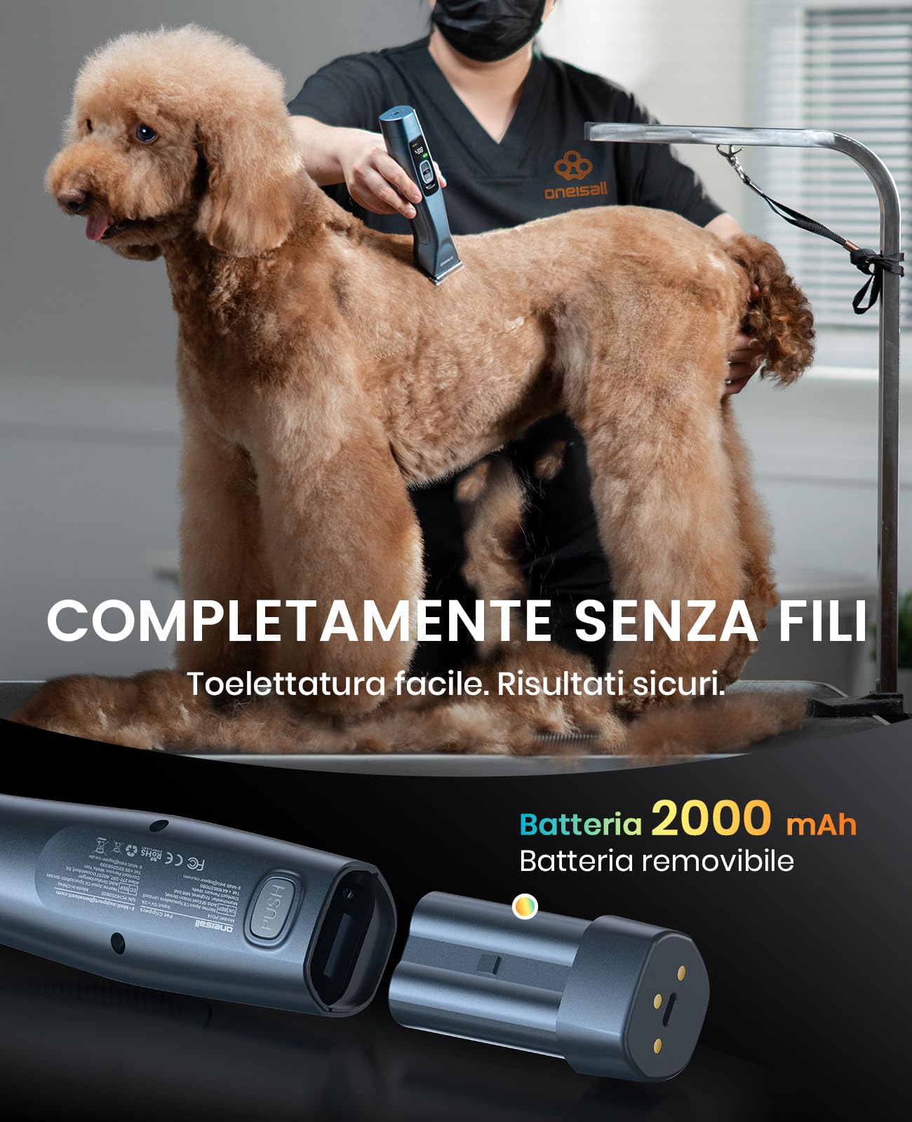 oneisall Tosatrice per Cani pelo lungo professionale, Tosatore Rasoio, 2 Livelli da Tosatrici Elettriche per cani/Gatti, Con batteria rimovibile e pettine in acciaio carbonizzato