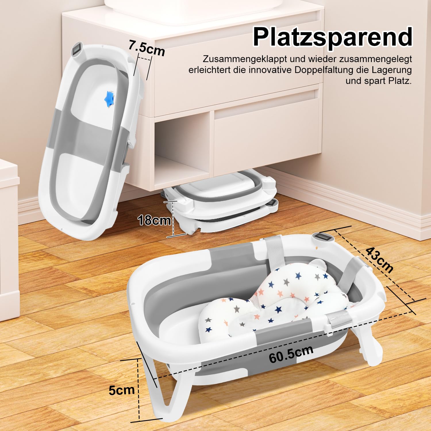 Daromigo Faltbare Babybadewanne, mit Thermometer, Baby Badewanne mit Weichem Badekissen,Rutschfestem Ständer, Platzsparend, für Neugeborene Monate, Grau