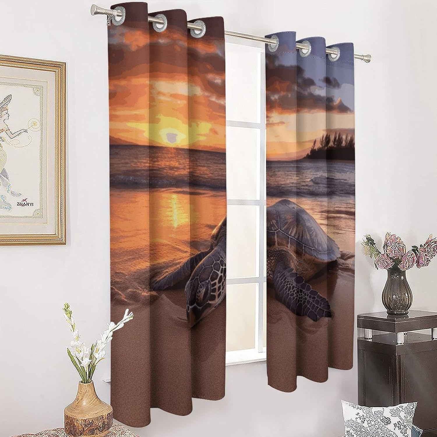 Sea Turtle Sunset Printed Window Drapes, Pocket Thermal Insulated Drapes, Perforated Curtains are Suitable for Home, Restaurant, and Farmhouse Windows