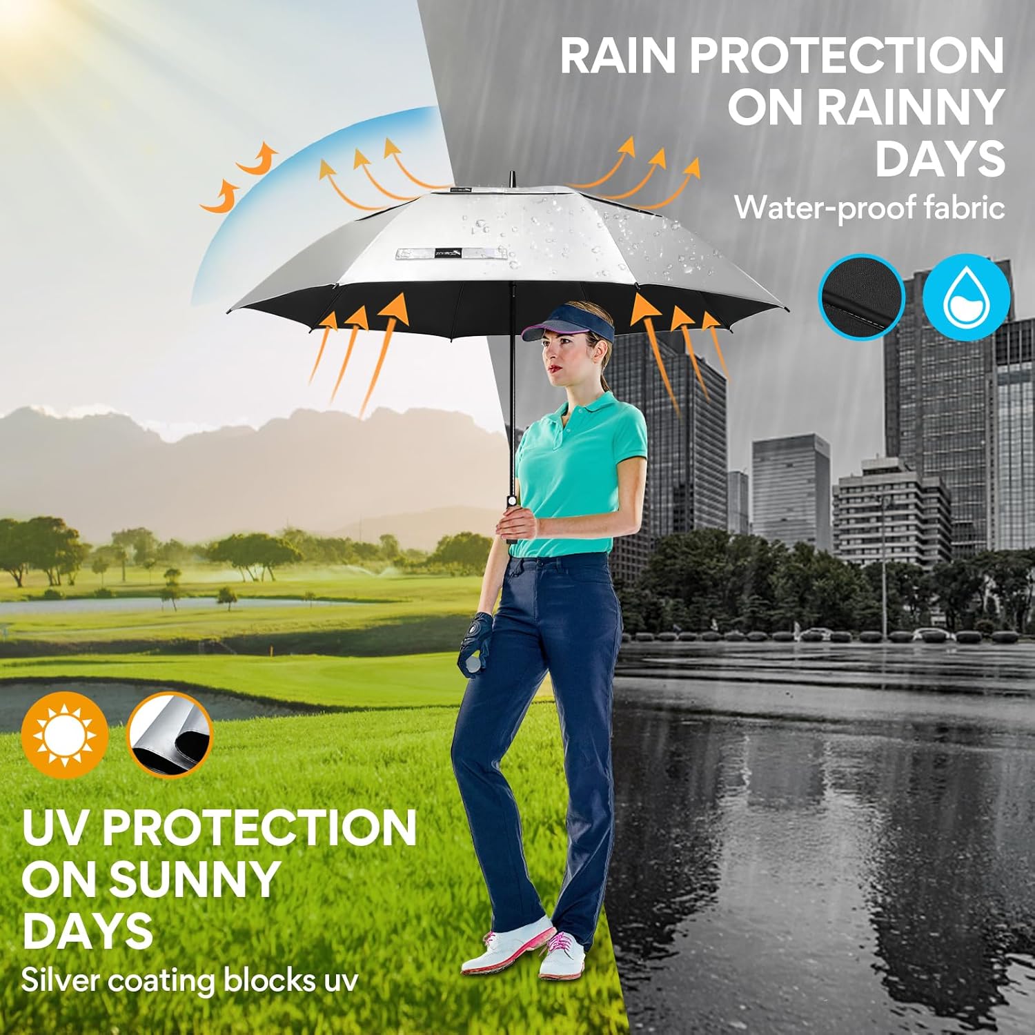 ZOMAKE 62" Large Golf Umbrella UV Protection - Double Canopy Vented Golf Umbrellas Oversize for Rain Windproof Automatic Sun Blocking Umbrella Golf Push Cart Umbrella for Men Women - Silver Black&Blue