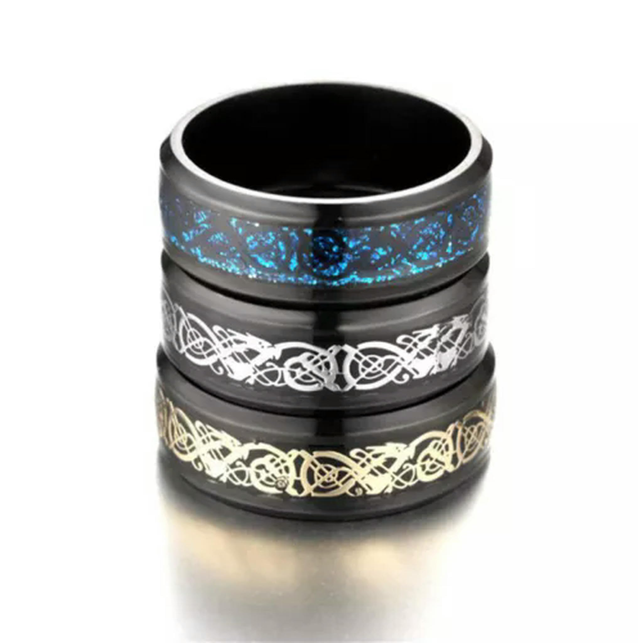 Men's Titanium Wedding Band - 8mm Wide, Dragon Design Over Blue Carbon Fiber Inlay, Comfort Fit, Hypoallergenic - View #11