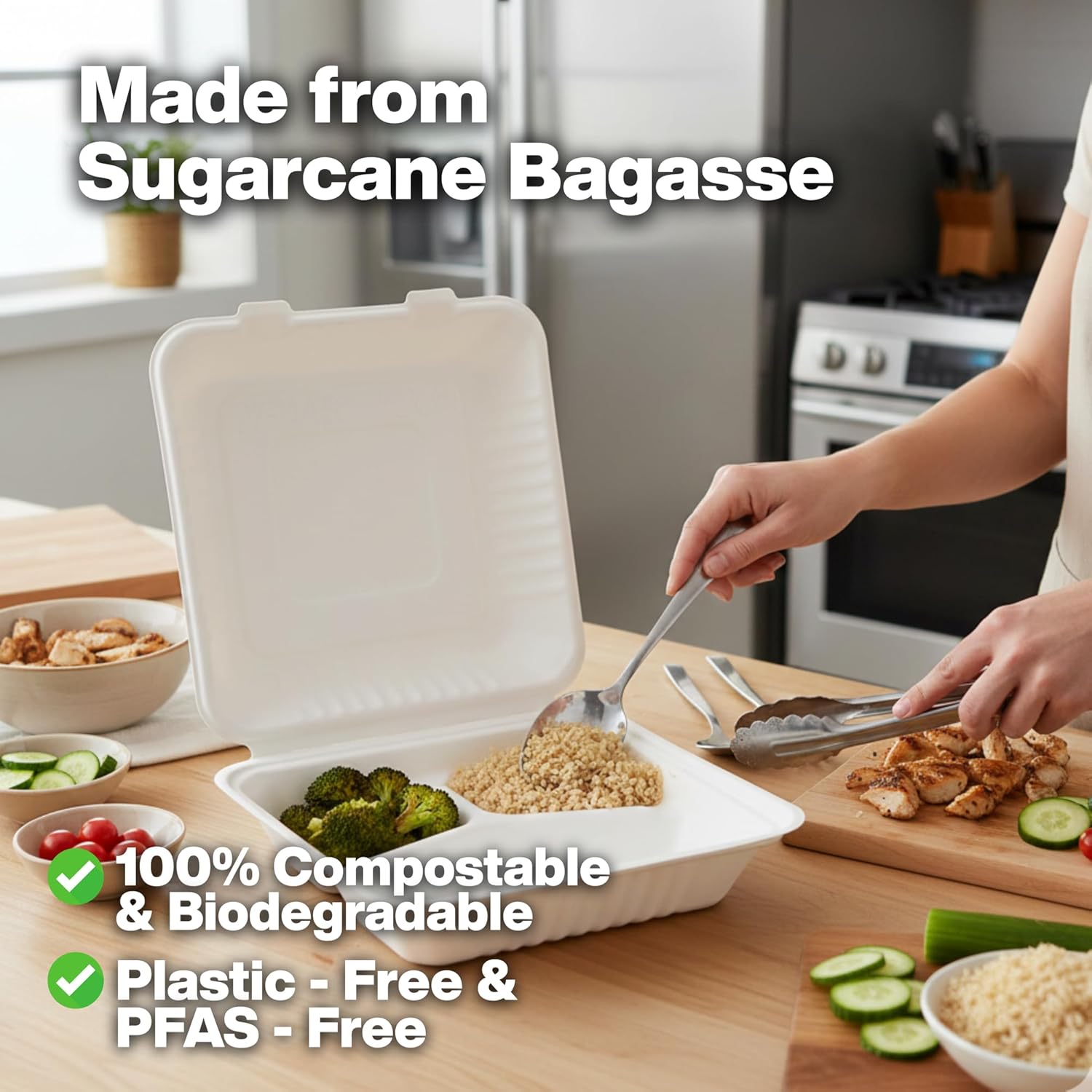 Bagasse Hinged Food Containers – PFAS-Free Eco-Friendly Biodegradable Clamshell Takeout Boxes, Compostable Disposable To-Go Containers for Hot & Cold Food (9" X 9" 3-Compartment) 100pack