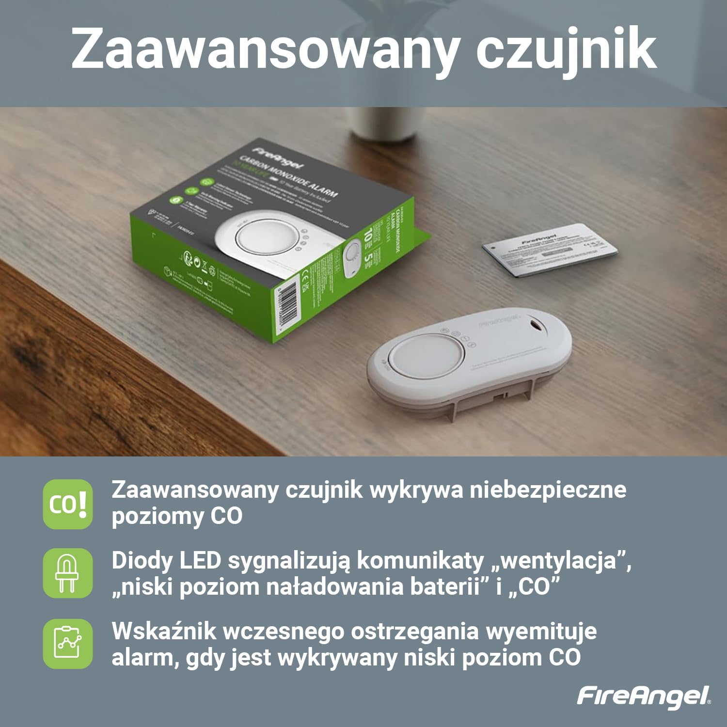 Fire Angel FA3820 czujnik czadu do domu i na wakacje – czujnik tlenku węgla z wbudowaną baterią na 10 lat – podróżny detektor tlenku węgla – biały