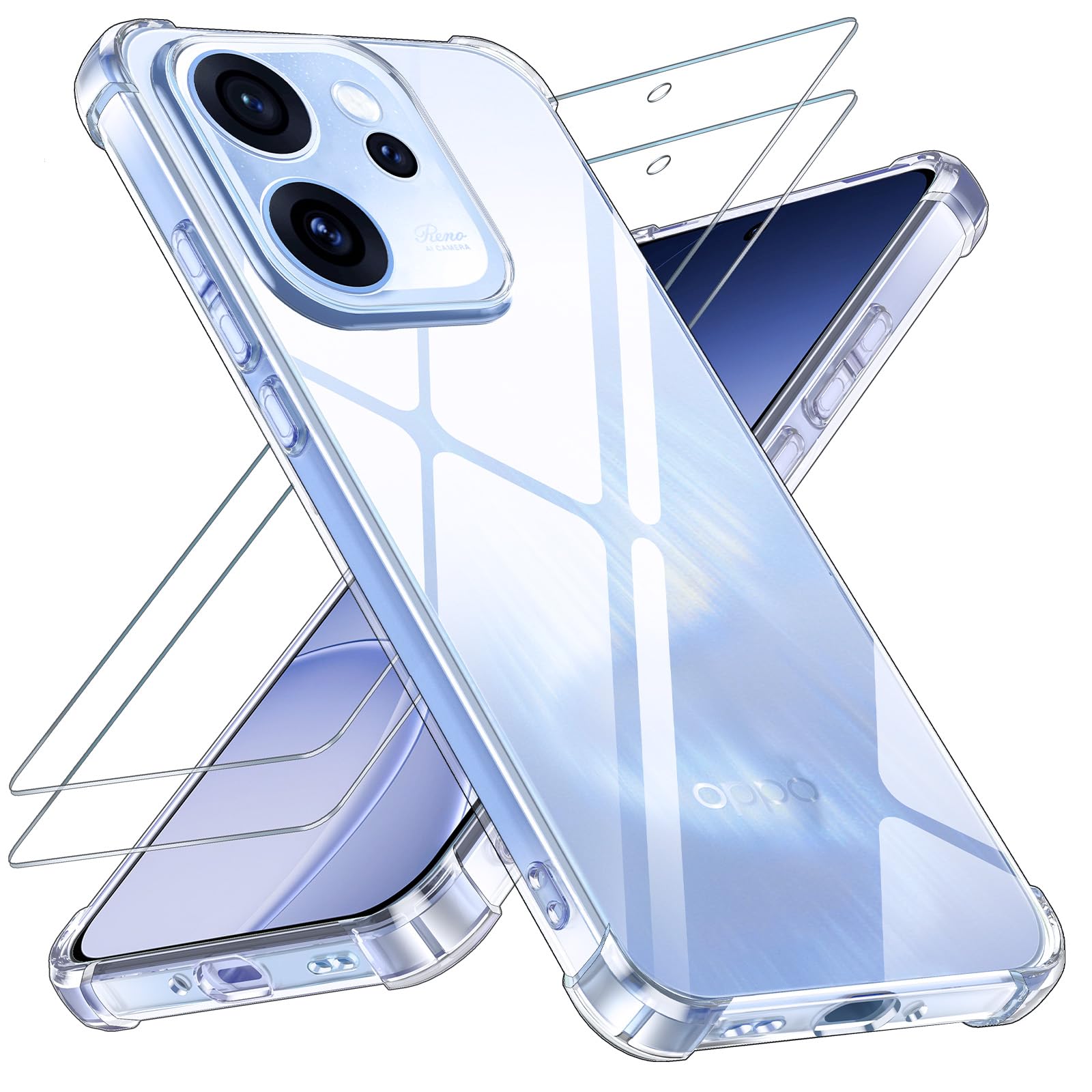 Yohii Cover per Oppo Reno15 F/Reno 15 FS 5G (No per Reno15) con 2 Pezzi Vetro Temperato, [Protezione Fotocamera] Custodia Antiurto Chiaro, TPU Morbido Antigraffio Anti Ingiallimento Case, Trasparente