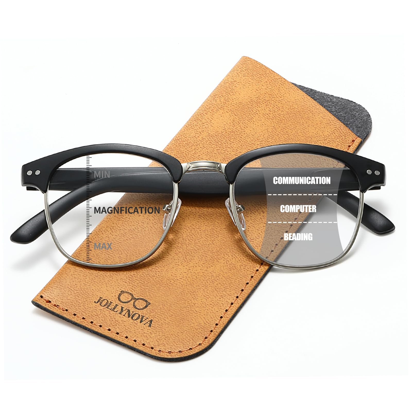 JOLLYNOVA Premium Progressive Reading Glasses Men, Retro Half Frame Blue Light Blocking Computer Multifocus Readers