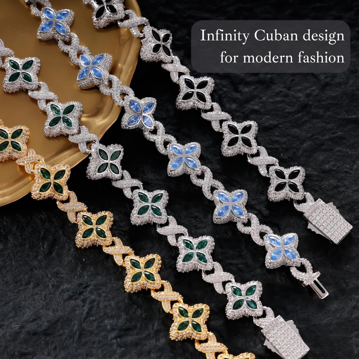 Lulu Mel Cross Infinity Charm Cuban Chain Bracelet for Men Women, Iced Out Silver Colorful Prong Setting 5A Cubic Zirconia Diamond Fashion Four-Leaf Cuban Bracelet for Rapper Gift