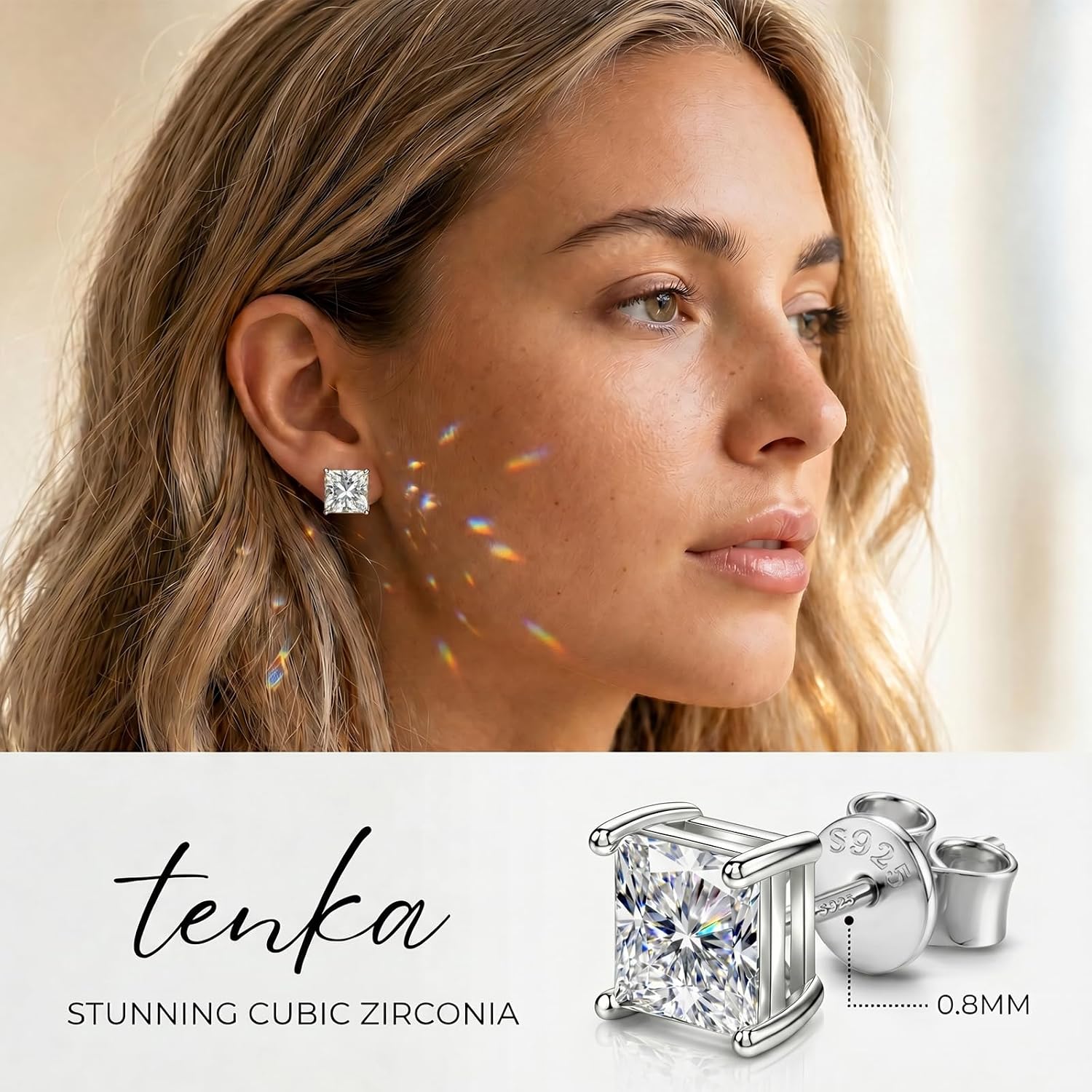 TenKa 925 Sterling Silver Princess Cut Cubic Zirconia Stud Earrings for Women Men, 14K Gold Plated Hypoallergenic Square CZ Studs, Simulated Diamond Jewelry