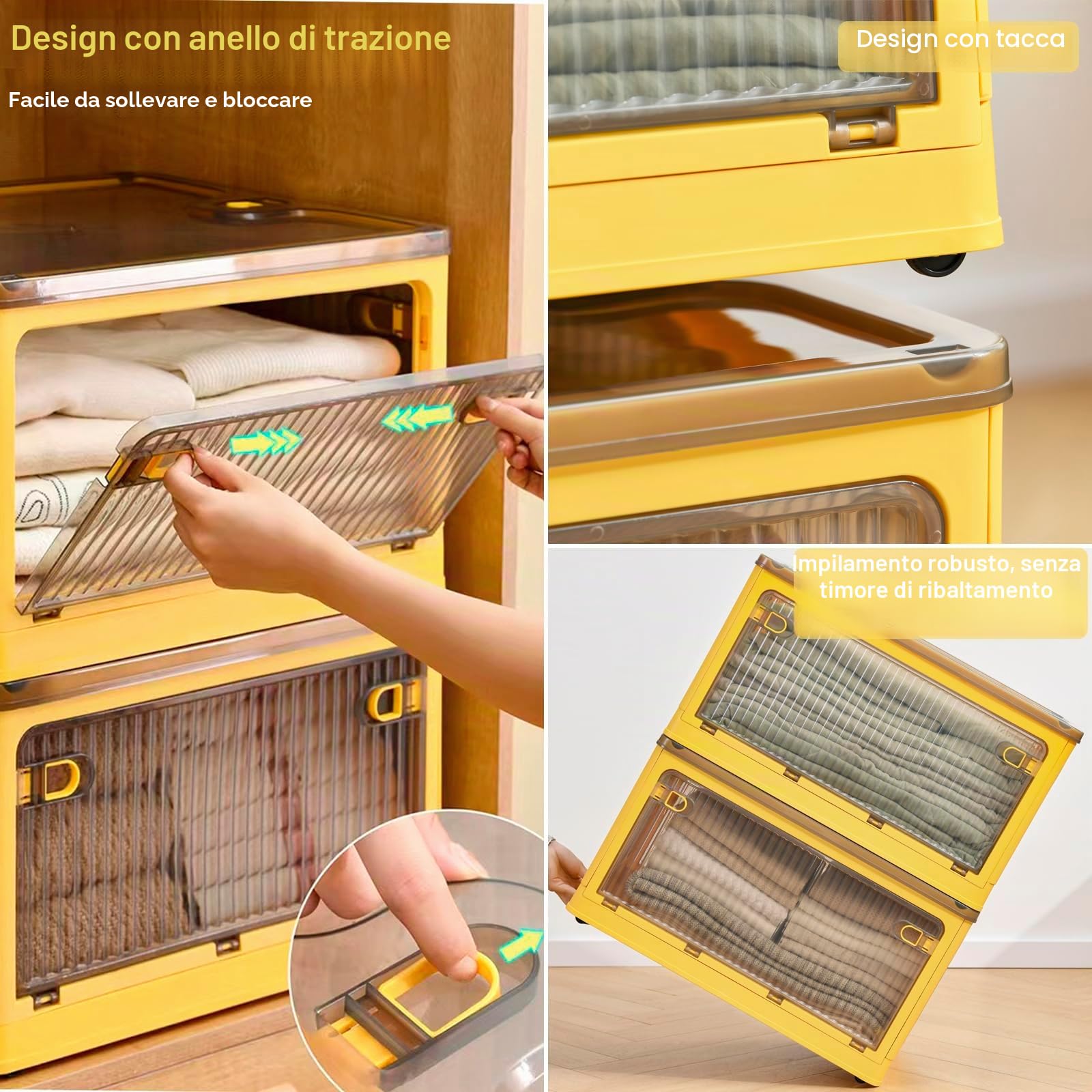 Creahaus Set di scatole portaoggetti in 2 pezzi con coperchio, scatola portaoggetti impilabile da 28 litri con ruote, scatola portaoggetti pieghevole a 5 ante, organizer per giocattoli (Giallo)