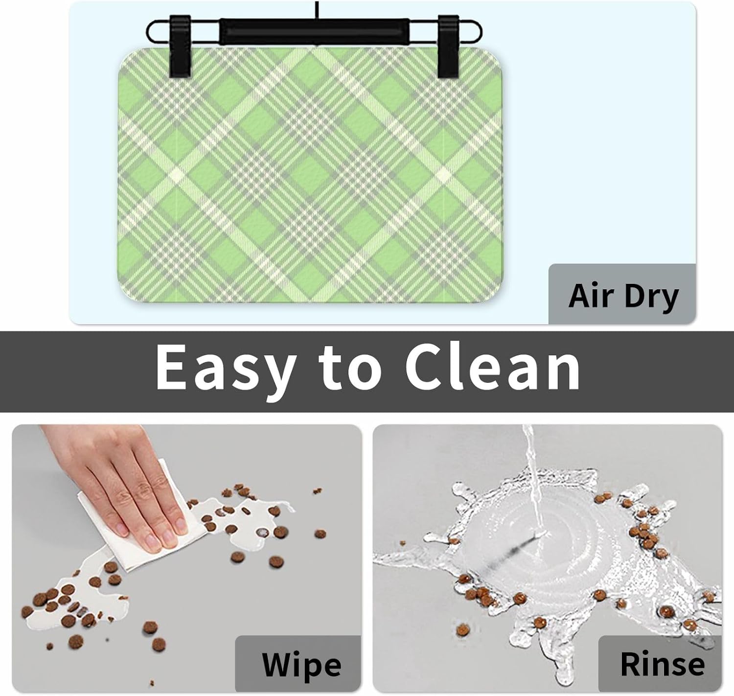 Green Plaid Leather Absorbent Pet Feeding Mat Non-Slip for Dogs Cats 40x60cm