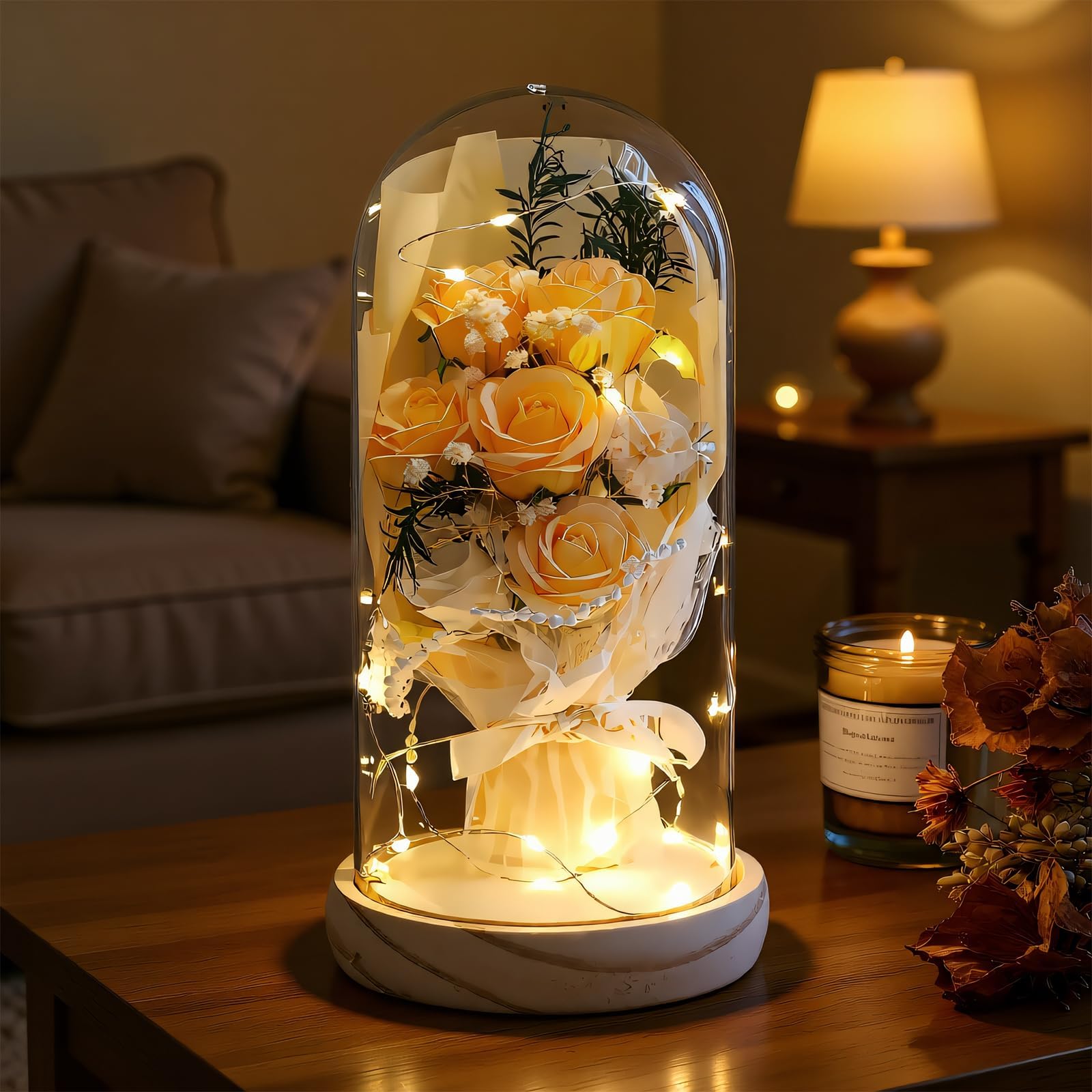 Artificial Eternal Roses in Glass Dome - 7 Silk Flowers with LED Lights, Solid Wood Base | Birthday Gifts for Mum, Grandma, Women | Elegant Anniversary & Home Decor (Upgraded Secure Packaging) — image 1