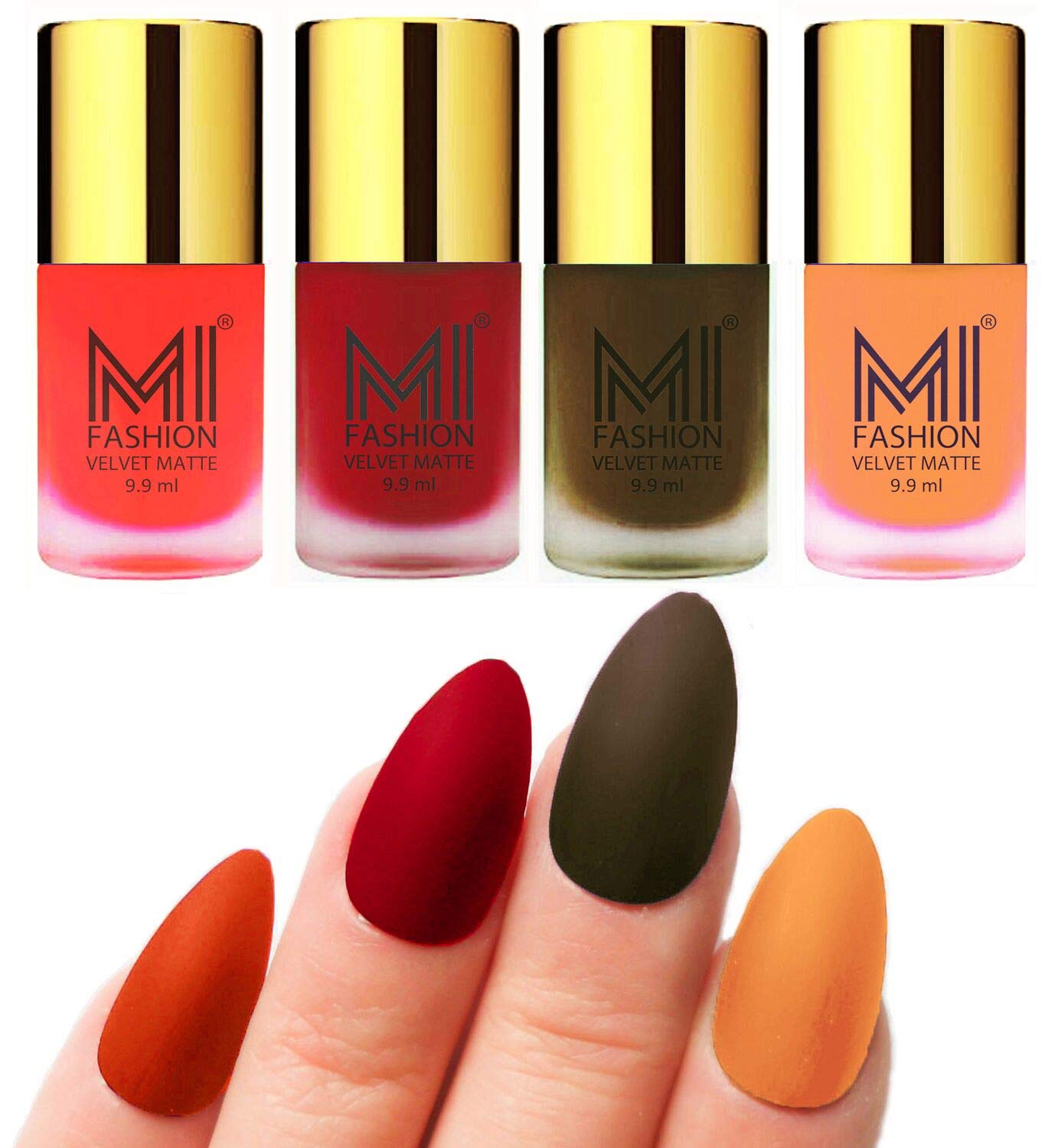 MI FASHION Velvet Matte Nail Polish Packs Pigmented With High Ingredients 9.9ml Orange, Tomato Red, Olive Brown, Saffron Orange (Pack Of-4)-image-28