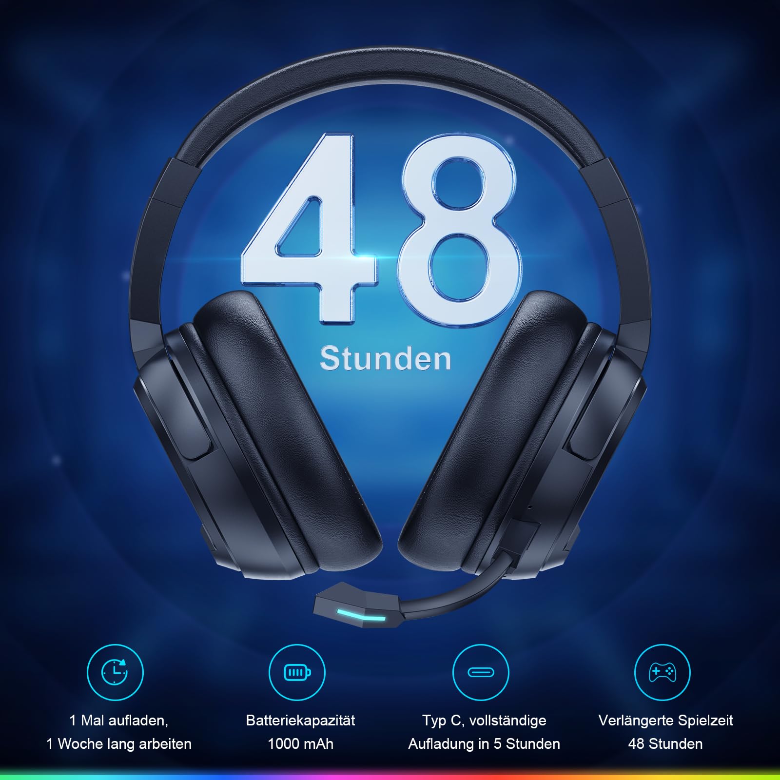 Krysenix PG4 2.4GHz Gaming Headset Wireless für PS4, PS5, PC, Mac, Switch, 48H Gaming Headset mit Noise Cancelling Mikrofon, Kabelloses Bluetooth Headset mit LED-Lichtern, Surround Sound, Rußschwarz