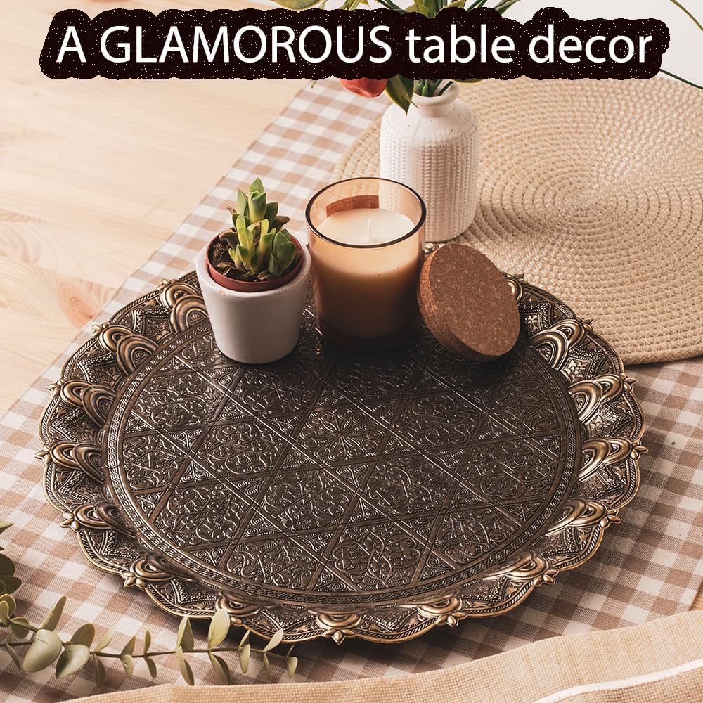 Round Antique Turkish Coffee Tea Serving Table Home Decor Tray Decorative Circle - Arabic Centerpiece Vintage Bar Outdoor Party Platter Farmhouse Kitchen Dresser Moroccan Teapot Style Tray