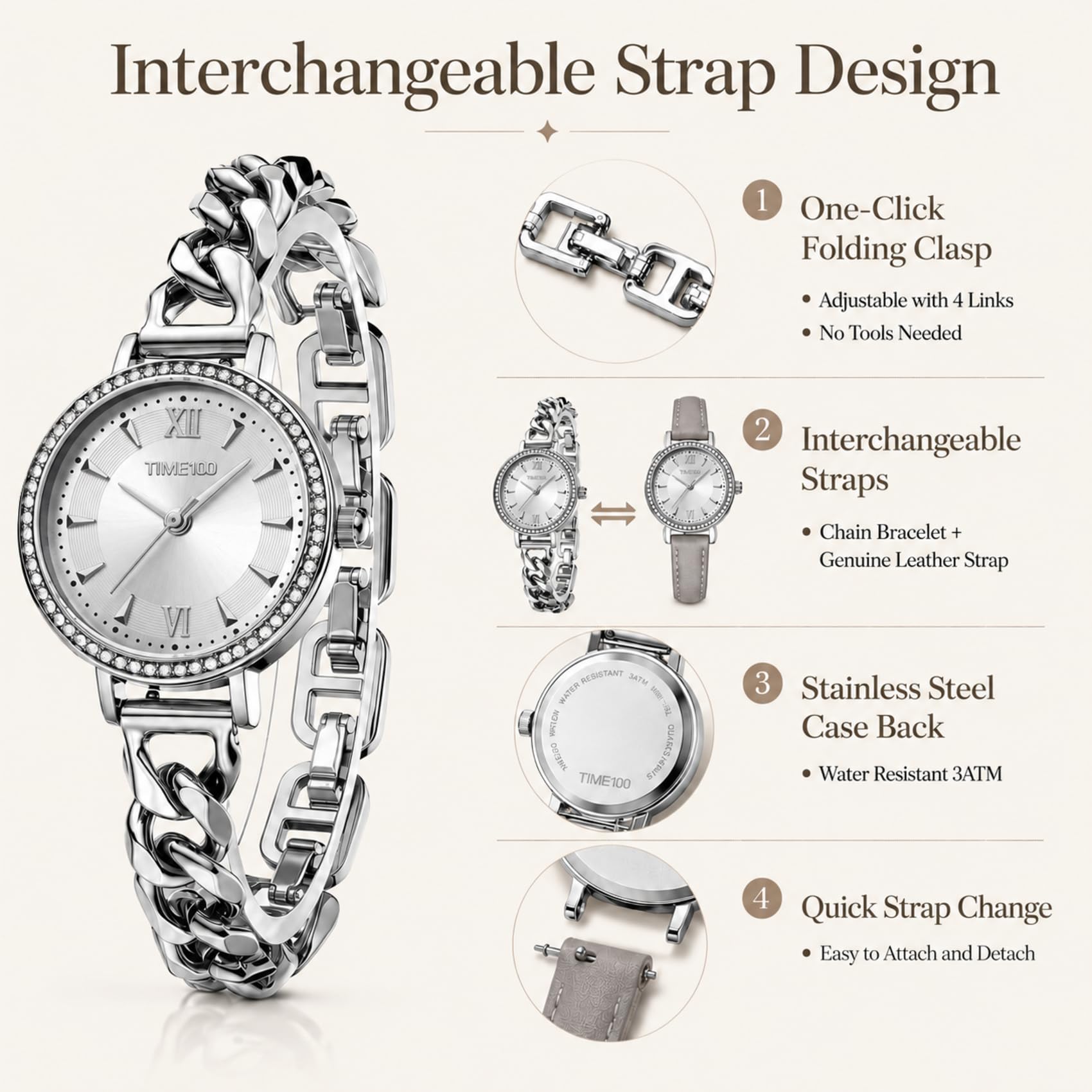 TIME100 Montre Femme Mini Bracelet Quartz Lunette Cristal