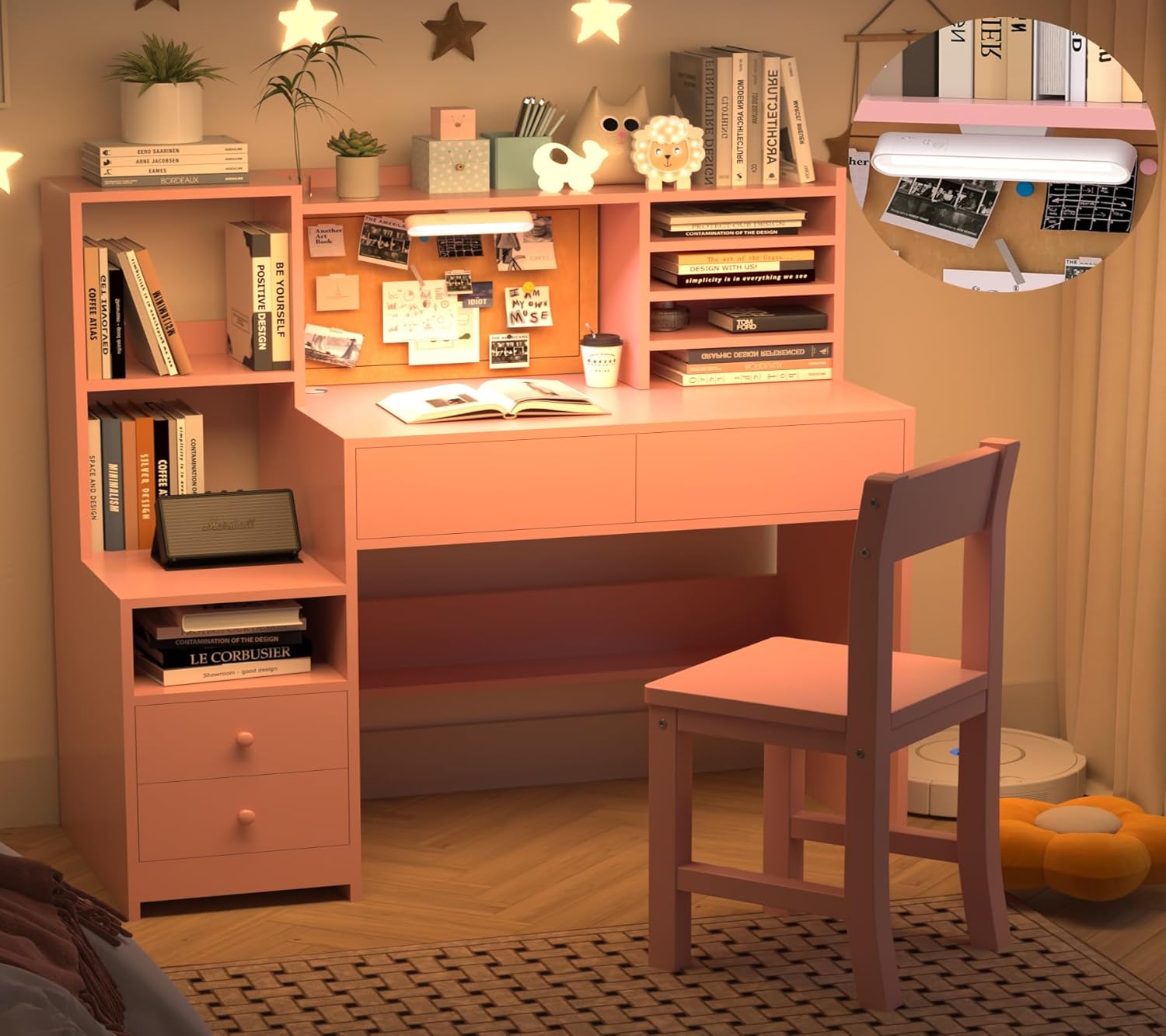 Wooden Pink Kids Study Desk and Chair Set with Light, 4 Drawers and Storage Cabinets, Children Desk with Hutch and Shelves, Girls Study Desk for Kids Bedroom-001