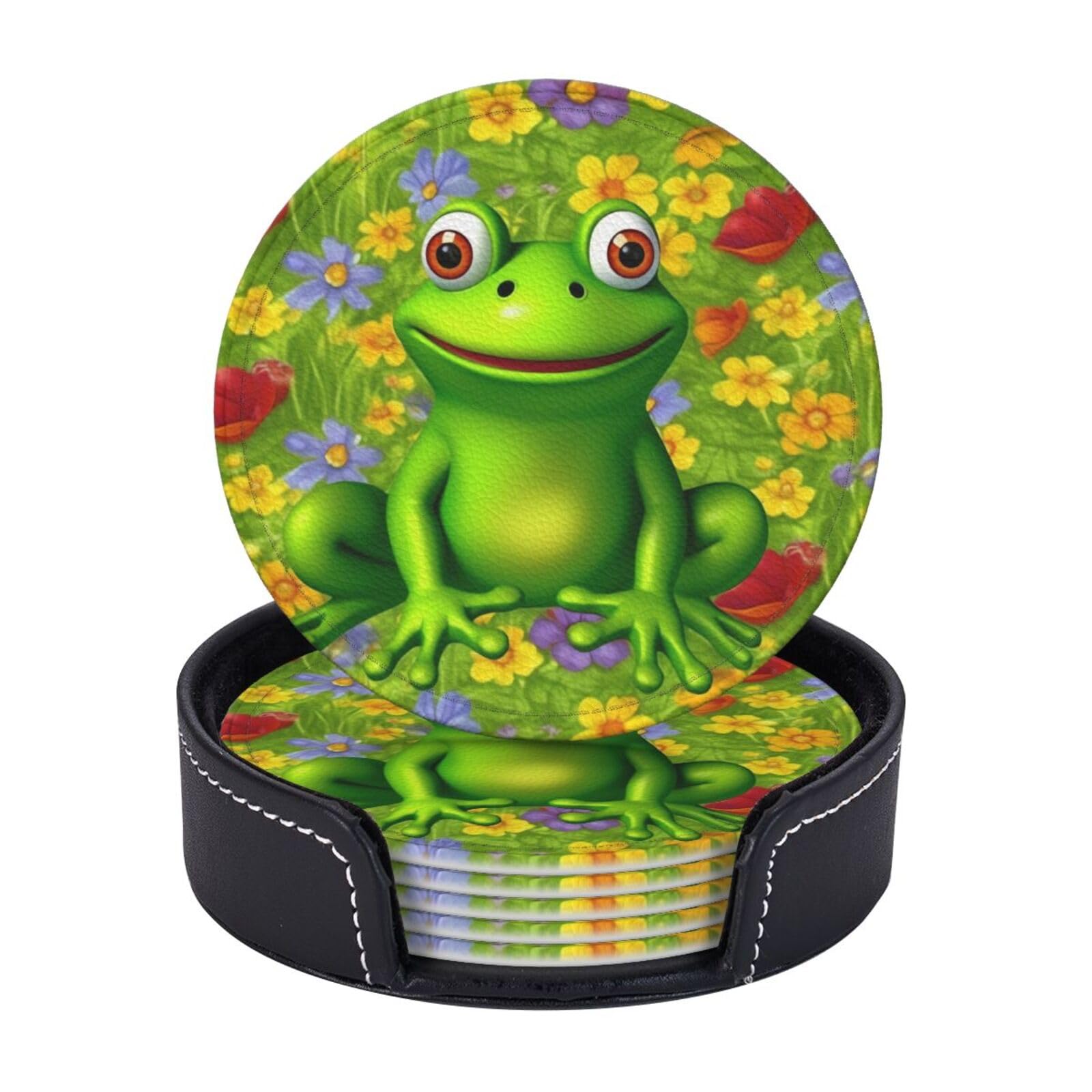 Round Coasters for Drinks Set of 6 - PU Leather Coasters with Holder - Modern Drink Coasters for Coffee Table - Frog Coaster for Tabletop Protection 4" Cup Mat Pad