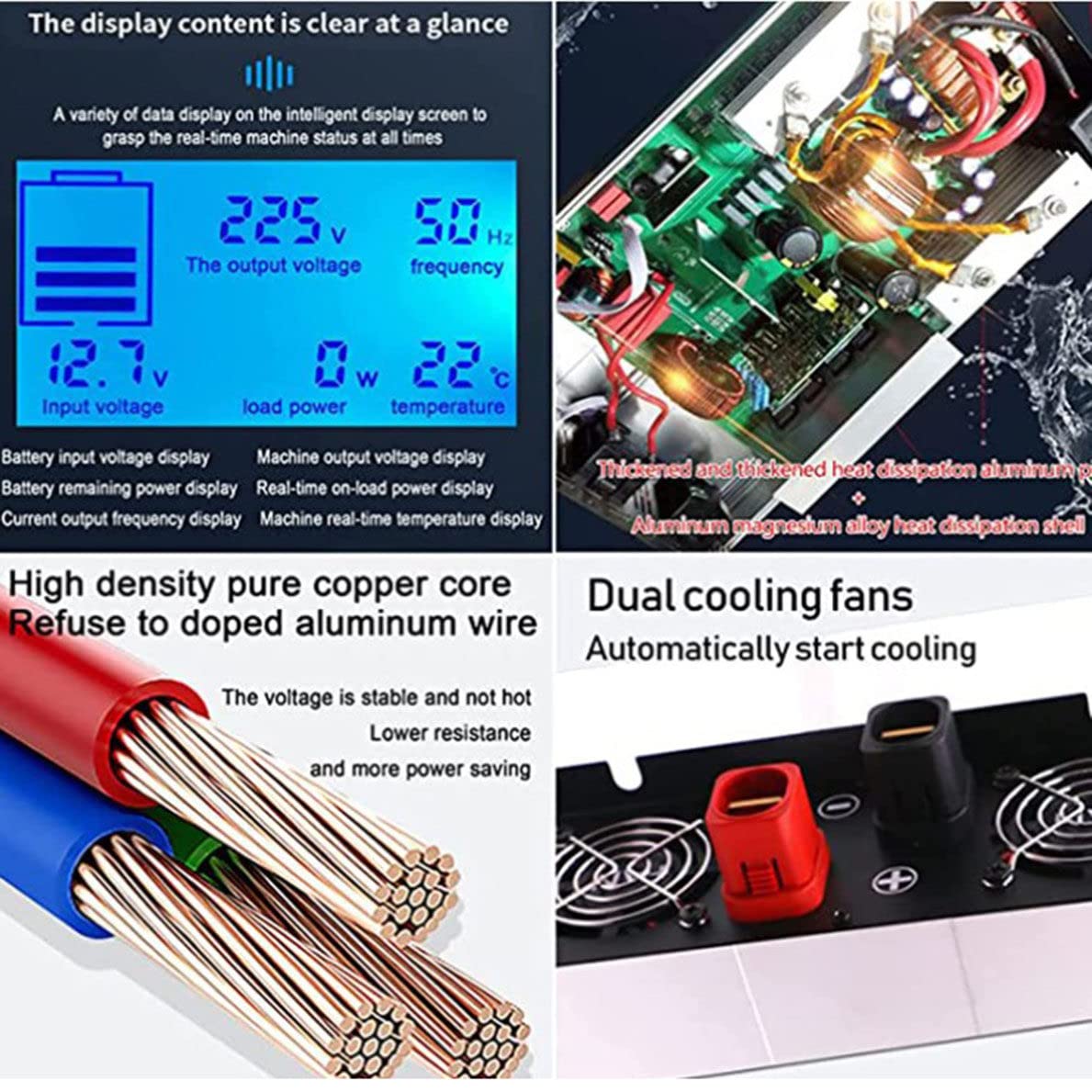 4000W 5000W 6000W 8000W czysta fala sinusoidalna przetwornica 12V/24V/48V/60V do 220V 230V konwerter samochodowy przetwornica napięcia z wyświetlaczem LCD 2 gniazda AC do samochodów,4000W-12V
