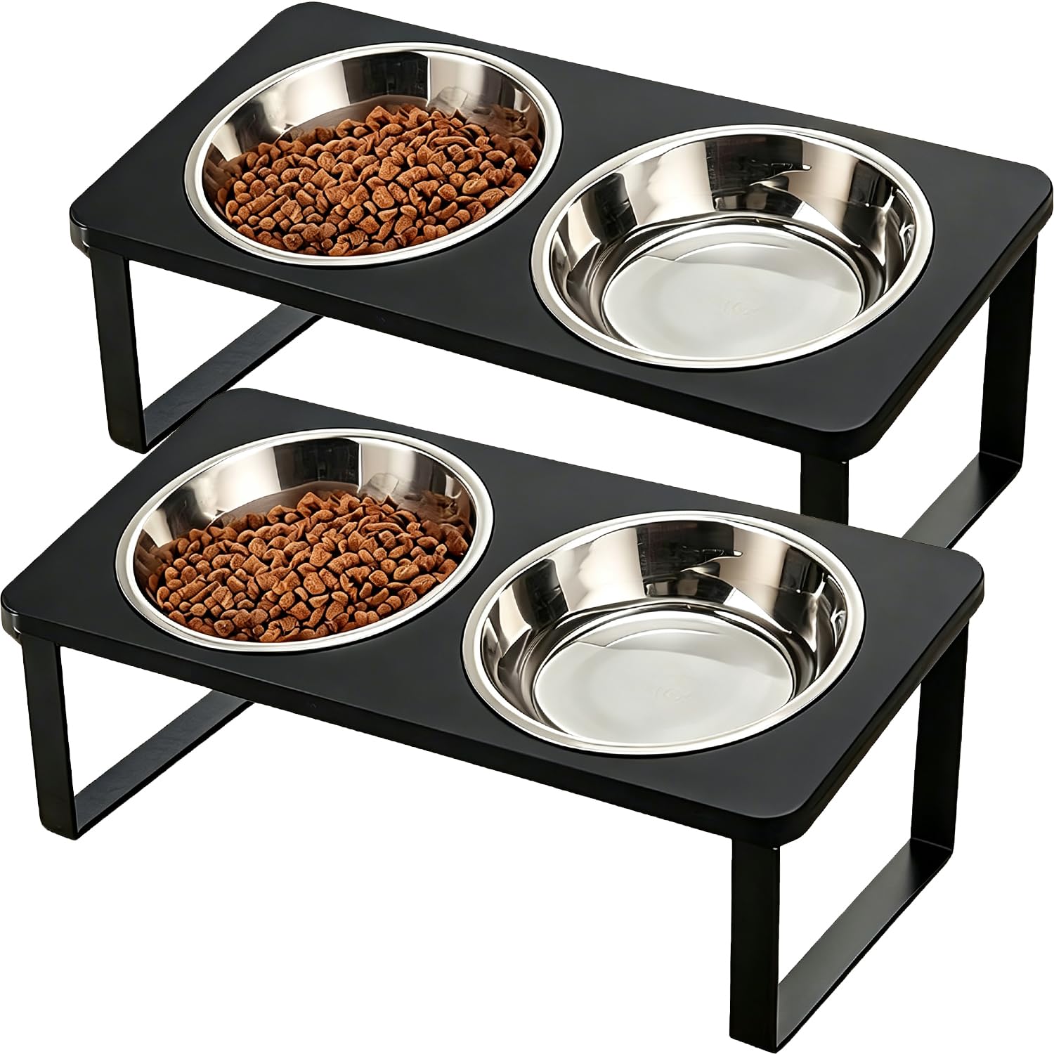 GEZIPVN 2 Pcs Upgraded Elevated Cat Bowls,15°Tilted Stand Anti Vomiting Raised Cat Dishes for Food and Water,2 Stainless Steel Bowls for Cats and Puppy-Black
