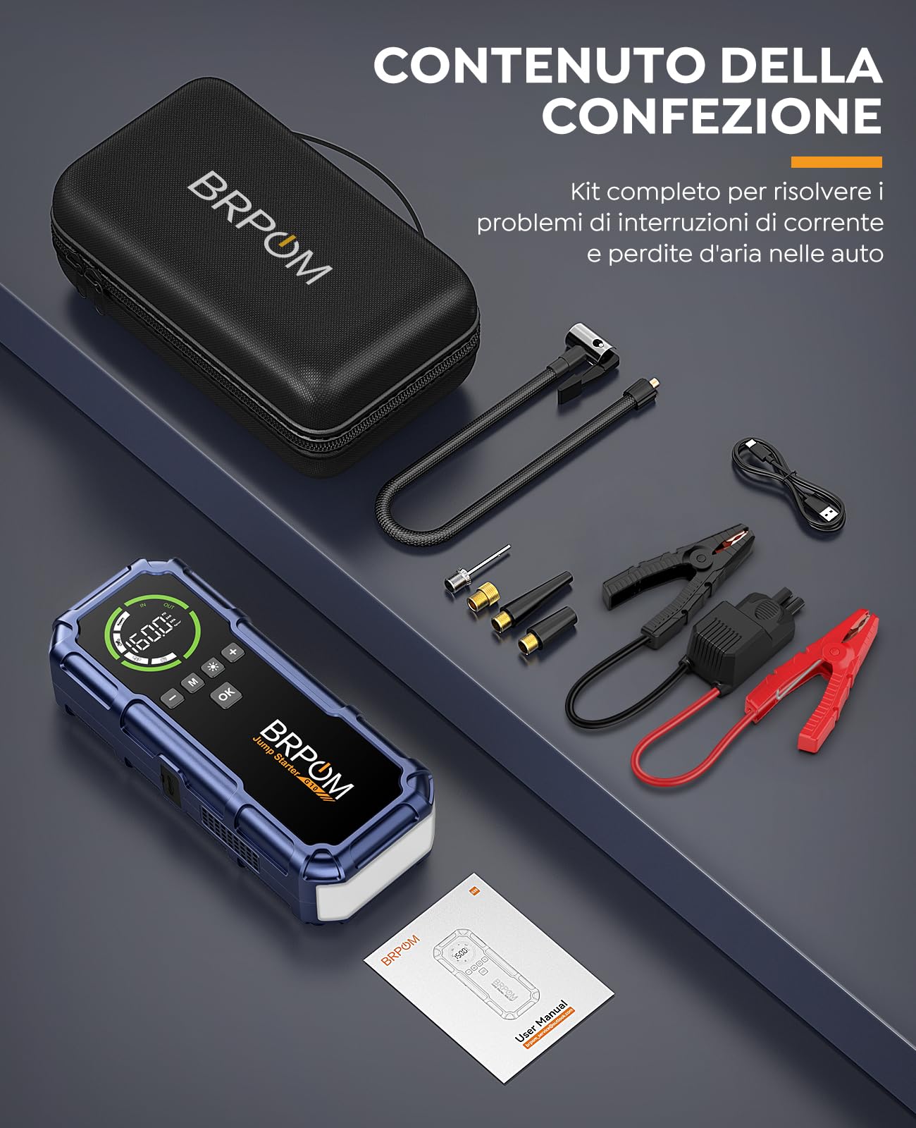 BRPOM Booster Avviamento Auto 8000A con Compressore 160 PSI, Jump Starter 12V, Avviatore Batteria Auto (Tutti i Motori a Benzina, Diesel fino a 12 L), Torcia LED 600 Lumen e USB-C（Dark purple）