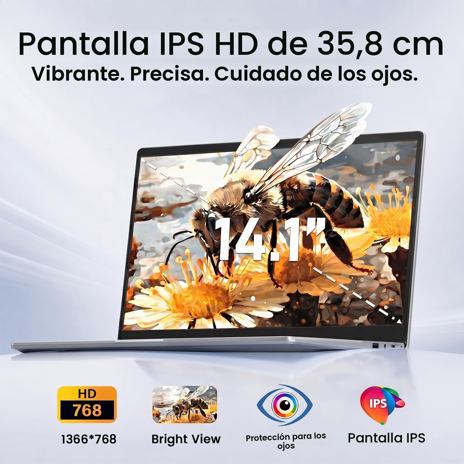 Kayoote Portátil 14,1'' Win 11 Pro, Intel Pentium J3710 Quad-Core hasta 2,64GHz, 8GB RAM, SSD M.2 128GB, Pantalla HD, Bisagra 180°, USB 3.0, Mini HDMI, Cámara, Ligero para Trabajo y Estudio