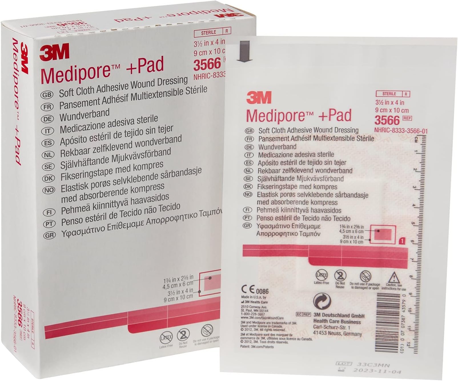 3M™ Medipore™ +Pad Soft Cloth Adhesive Wound Dressing, 3566, Dressing - 3-1/2 in x 4 in, Pad - 1-3/4 in x 2-3/8 in (Box of 25)