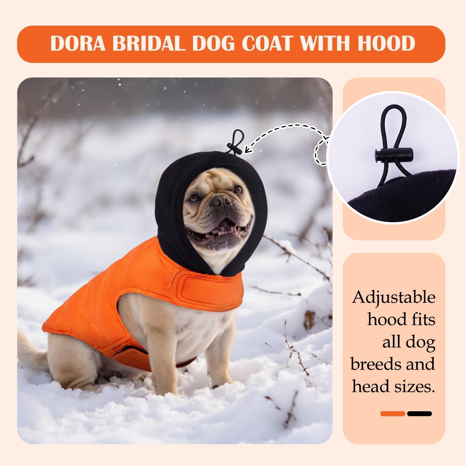 DORA BRIDAL Veste chaude et légère avec capuche pour chien - Veste réfléchissante pour temps froid - Pour chiens de taille moyenne - Orange - Taille M