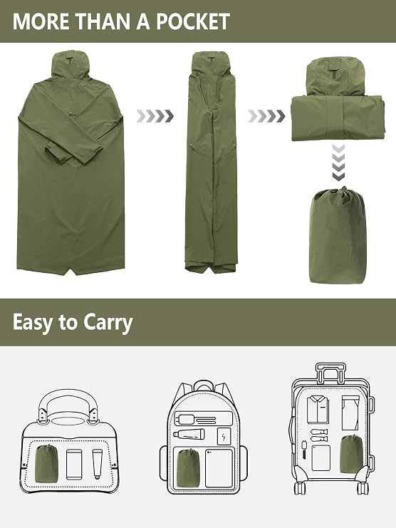 UIQUR Men's Long Waterproof Raincoat with Adjustable Wide Brim Portable Pouch Outdoor Commute Essential