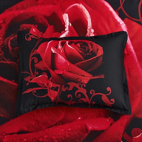 Miniatura 8 de Juego de edredón rojo tamaño King de 7 piezas en una bolsa, edredón de flores de rosas rojas con juego de sábanas, juego de ropa de cama reversible