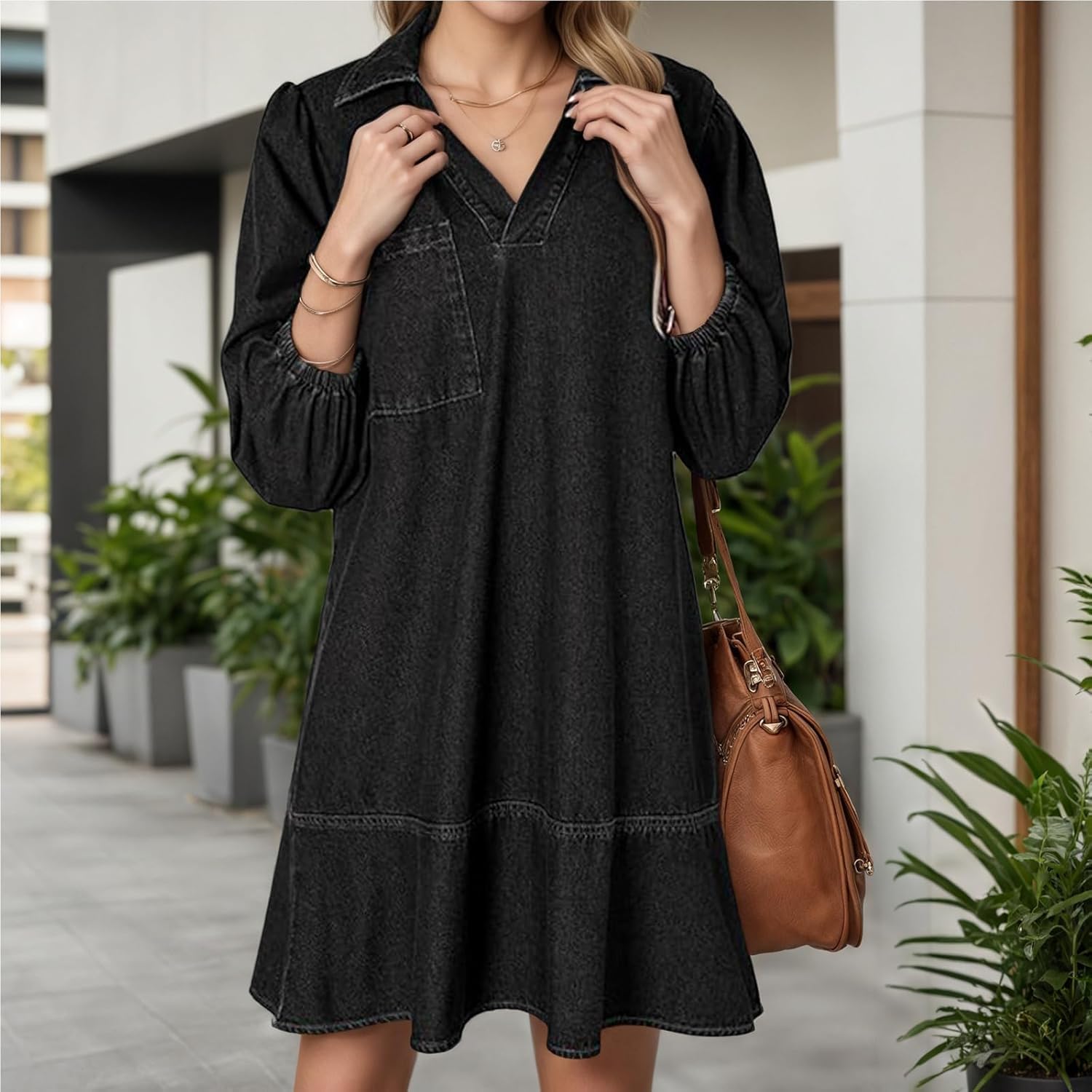 Vestido Vaquero con Capas, Cuello en V y Mangas abullonadas para Mujer, Vestidos Vaqueros con Volantes y Mangas 3/4, Vestido Vaquero Camisero Holgado de Verano con Bolsillos. (Black,L)