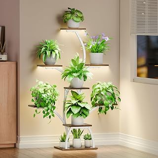Plant Stand Indoor with Grow Lights, 6 Tiered Plant Shelf Indoor, 50" Corner Plant Stands for Indoor Plants, Lighted Tree-Shaped Plant Holder, Tall Flower Display Rack for Living Room, Patio(White) - Amazon product rated Grade B