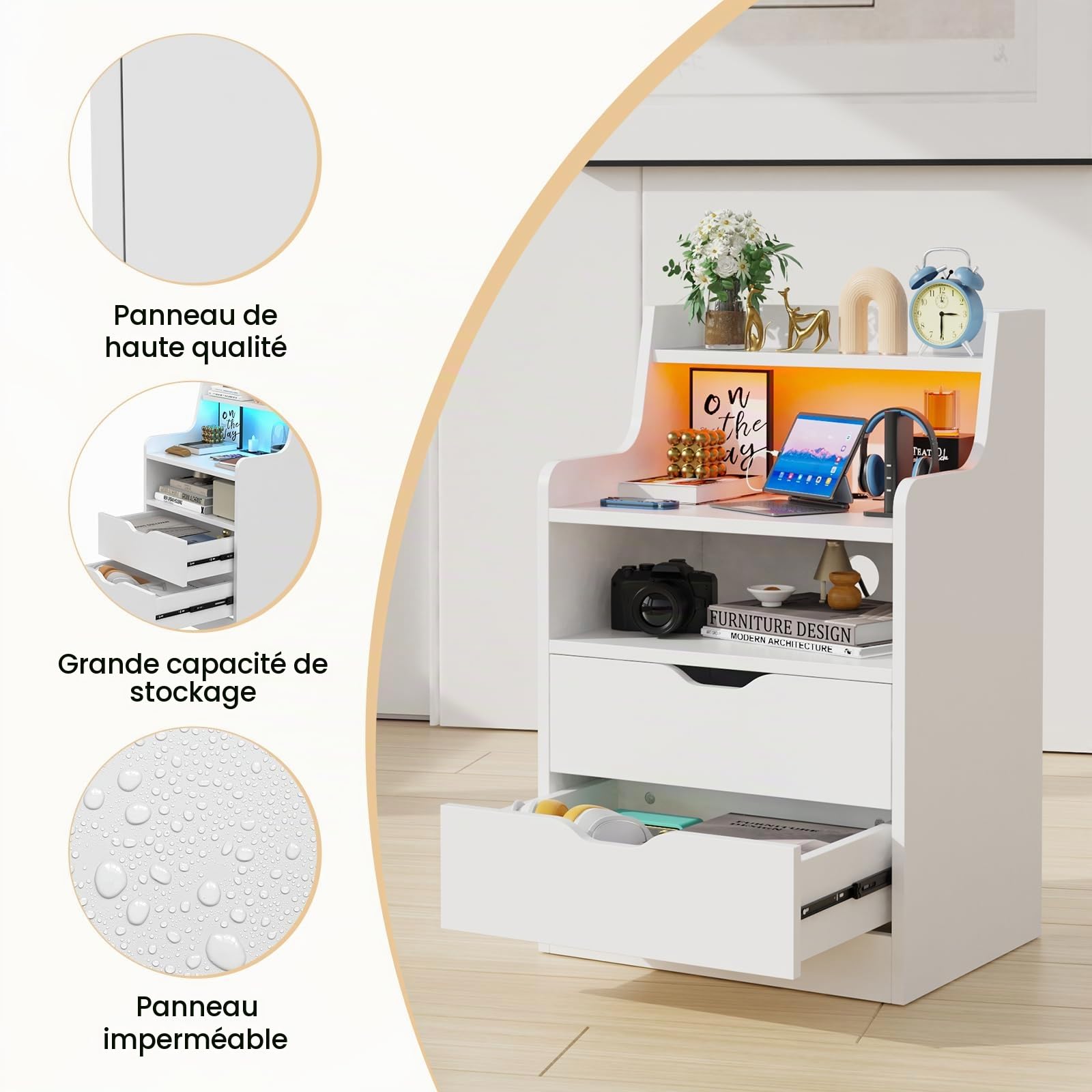 Table de Chevet Moderne avec LED Réglable, Table de Chevet avec Station de Charge, 2 Prises AC, 2 Ports USB, Intelligente Blanc avec 2 Tiroirs, Étagère de Rangement Ouverte
