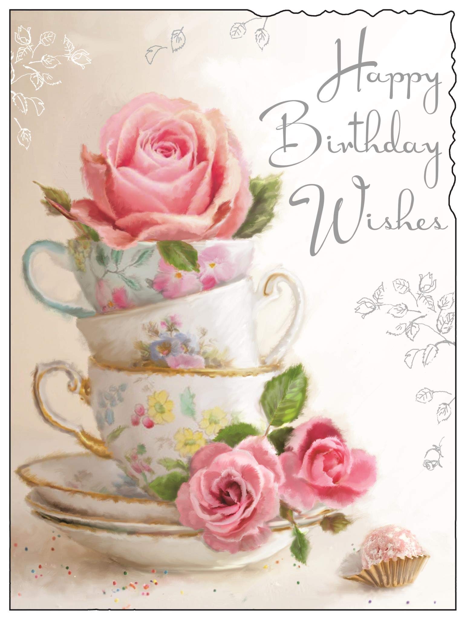 Jonny Javelin (JJ-V220) Birthday Card - Teacups and Roses - Birthday Wishes - Embossed, Foil and Flitter Finish