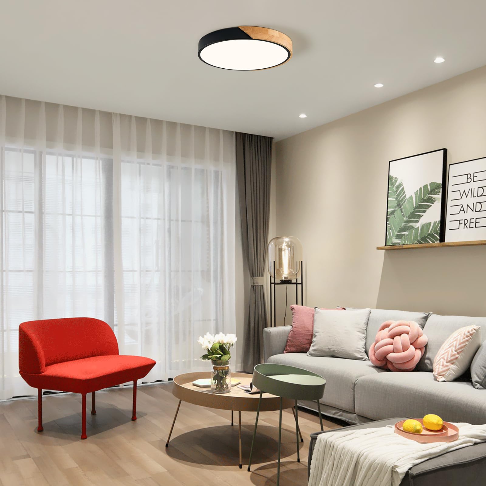 LED Deckenleuchte,Deckenlampe 40cm Runde Holz,Moderne Lampe Schwarz Deckenlampe,36W 4000K deckenleuchten,für Wohnzimmer, Schlafzimmer, Büro,Küche,Flur, Kinderzimmer