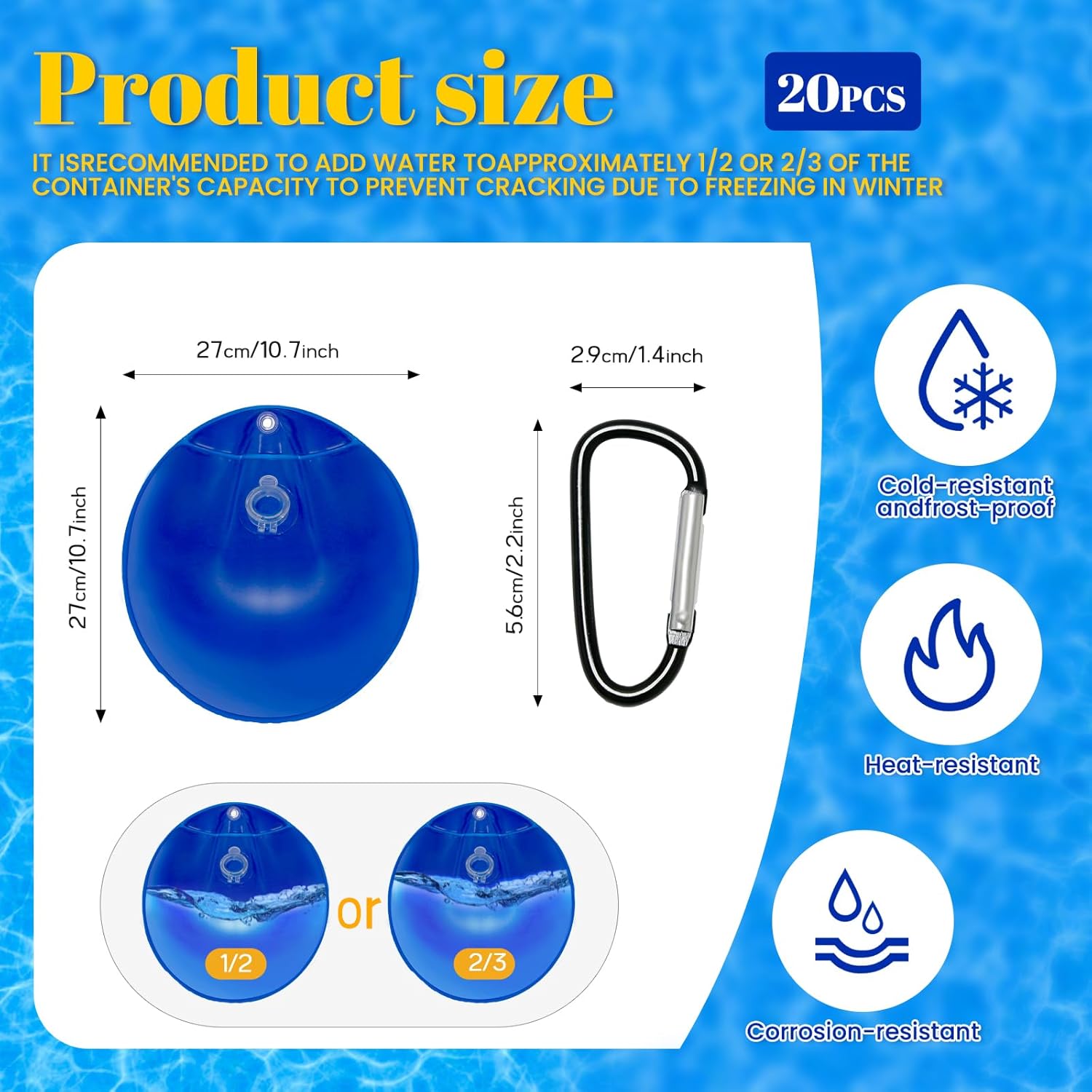 20 Pack Pool Cover Weights with Hooks, Leakproof PVC Pool Cover Hanging Bags, Heavy Duty Water Weights for Above Ground Winter Pool Cover, Antifreezing Pool Wall Bags (20-PCS)