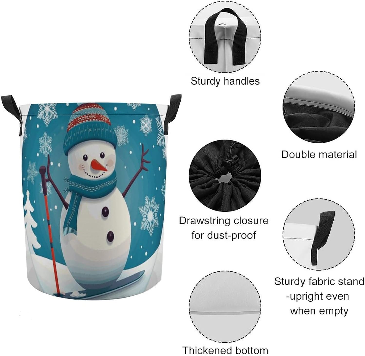 Lovely Christmas Cartoon Skiing Snowman Snowflake Laundry Basket with Lid Collapsible Waterproof Laundry Hamper Large Drawstring Clothes Hamper Storage Bin with Handles for Home Bathroom Bedroom Dorm