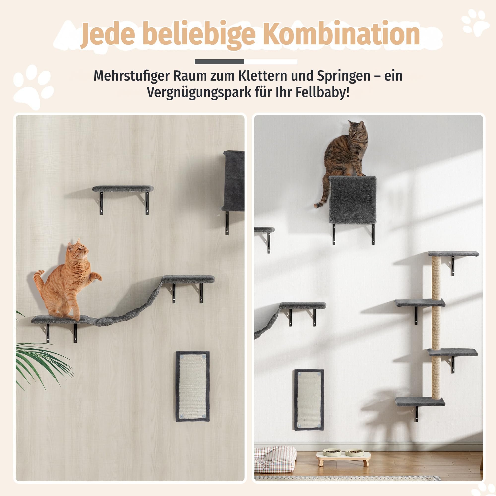 5 pezzi di mobili a muro multipiano per interni con tiragraffi, appartamento per gatti, posatoi, ponte per gatti, grigio