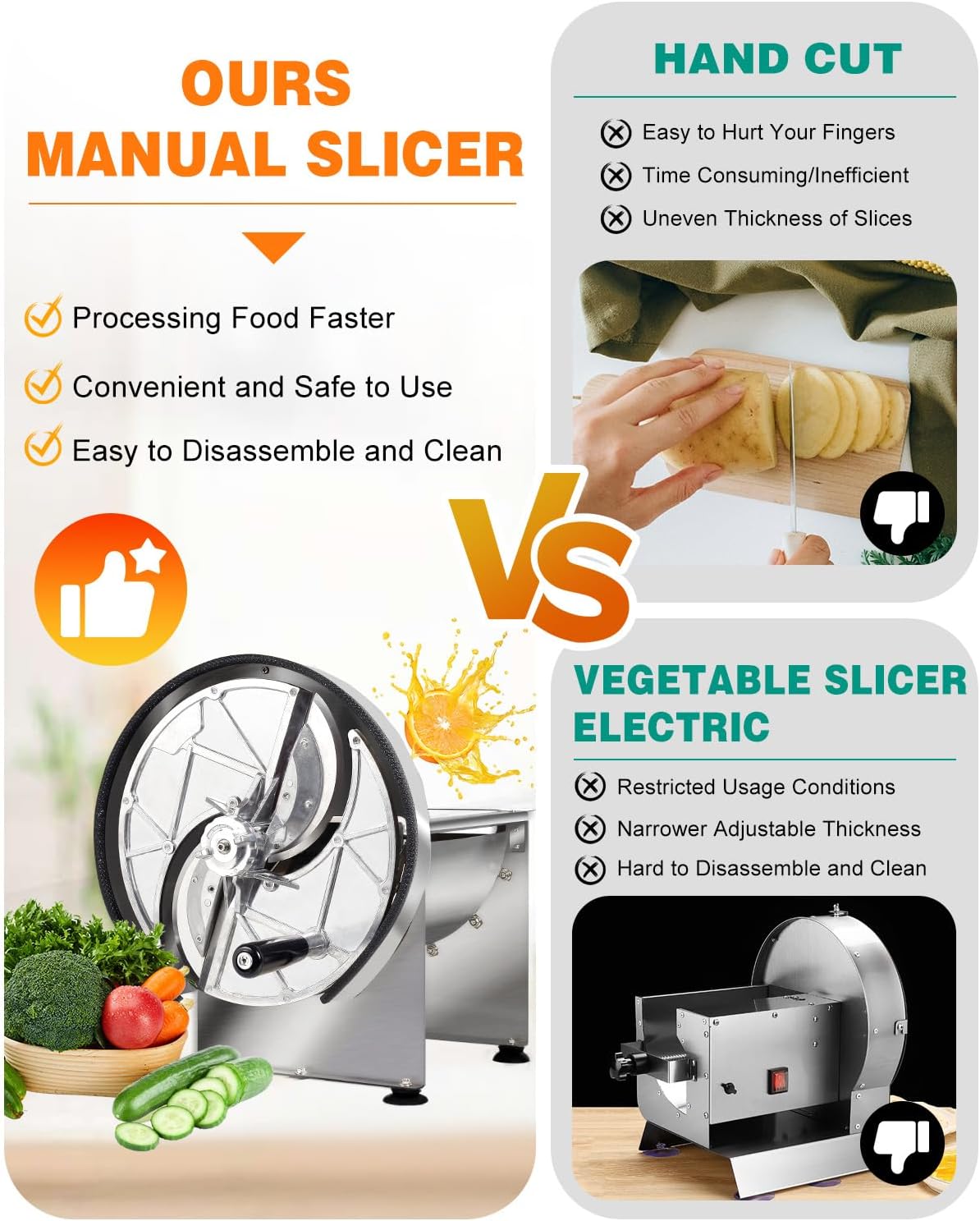 Commercial Vegetable Slicer - Manual Adjustable Thickness 0.2-13mm, Stainless Steel Lemon Slicer with 2* Extra Blades for Slicing Vegetable Tomato Onion Potato Cabbage Lime