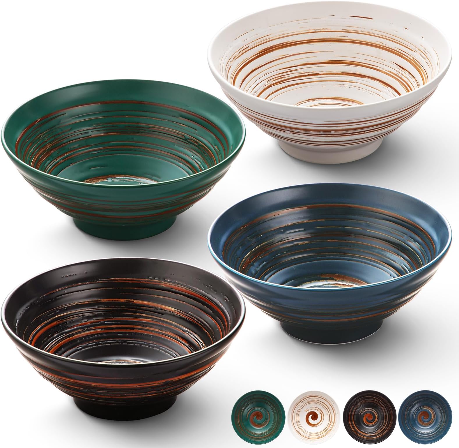 YUN TAO Ceramic Ramen Bowls Set of 4, 35 oz Large Japanese Style Serving Bowls for Salad,Udon, Soba, Pho,Pasta, Asian Soup Noodle (Multicolor - Set of 4)