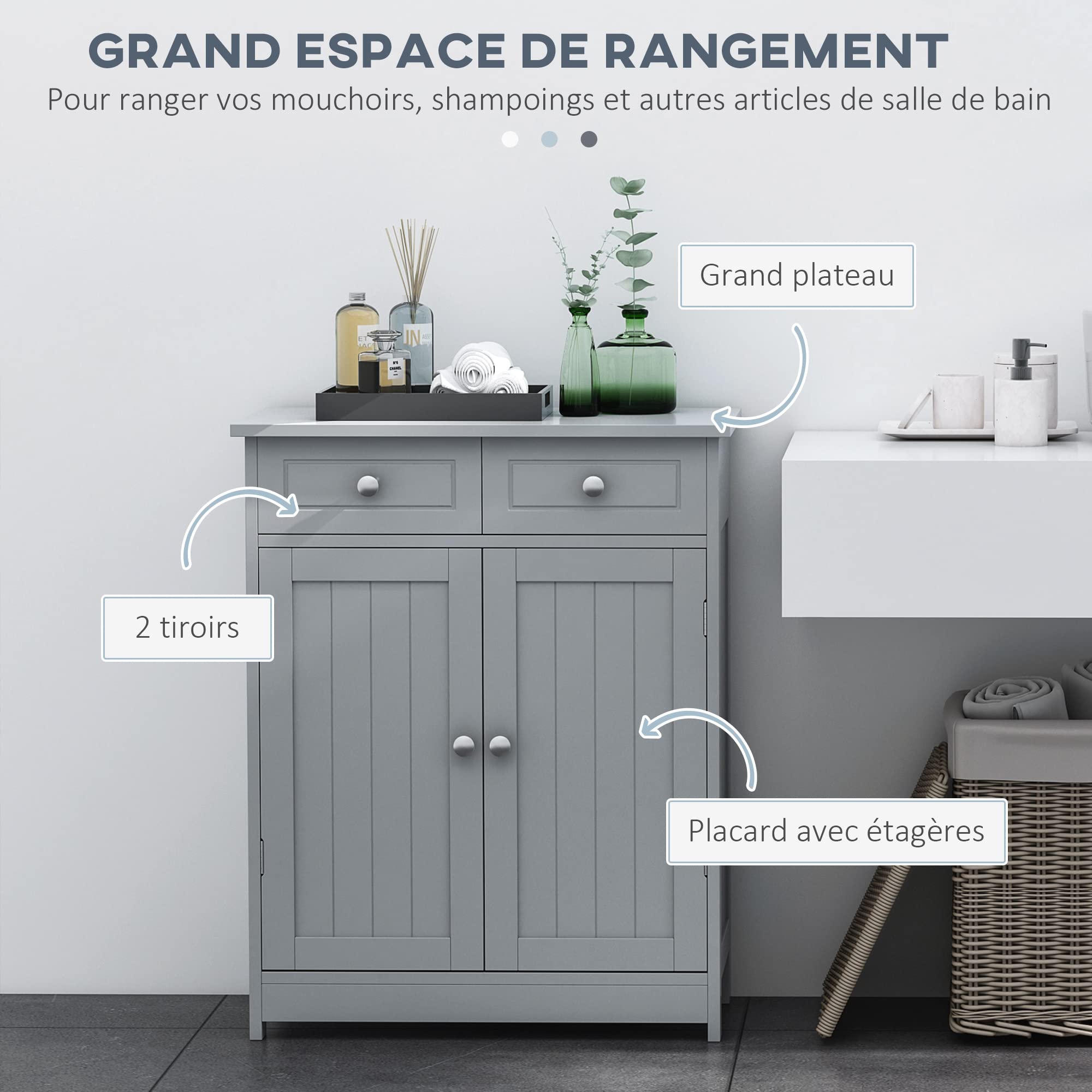 kleankin Meuble de Salle de Bain avec 2 Tiroirs 60 x 30 x 75 cm Gris | Meuble de Rangement avec Placard Double Porte, Étagère Réglable, Armoire Salle de Bain, Salon, Chambre