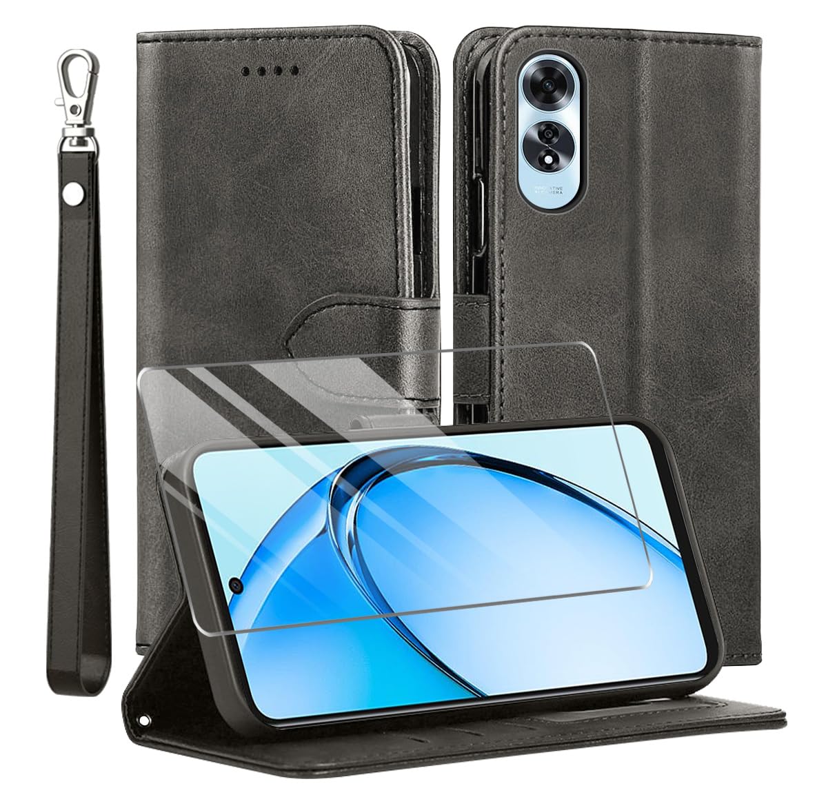Custodia Portafoglio In PU Premium Per Oppo A60 Con Vetro Temperato - Antiurto, Supporto E Slot Carte - Nero - 4