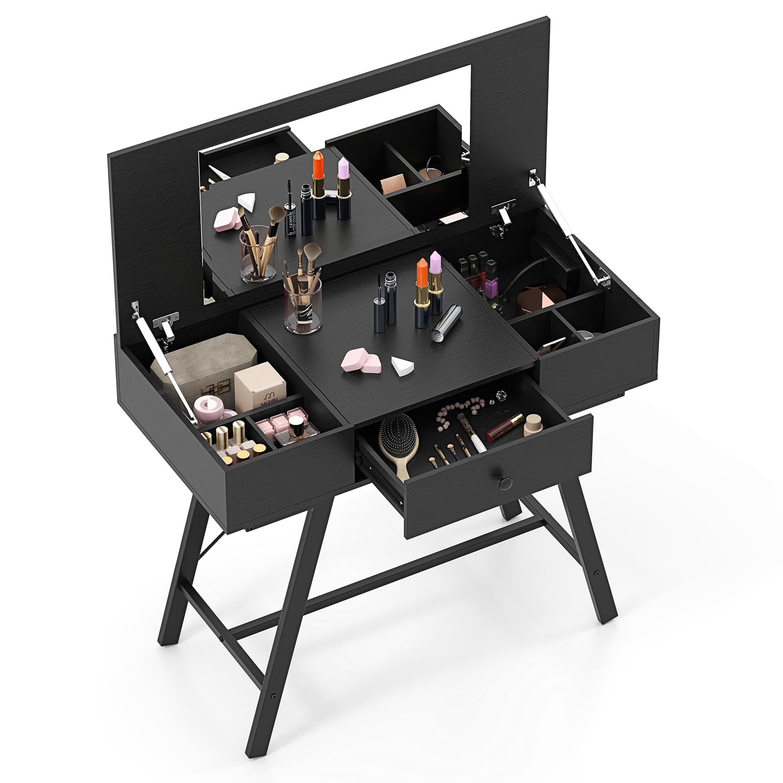 GIANTEX Tavolo da trucco con specchio pieghevole, con stazione di ricarica, cassetto, 6 scomparti per riporre oggetti, vassoio nascosto, scrivania da toeletta 2 in 1, per camera da letto, studio (nero