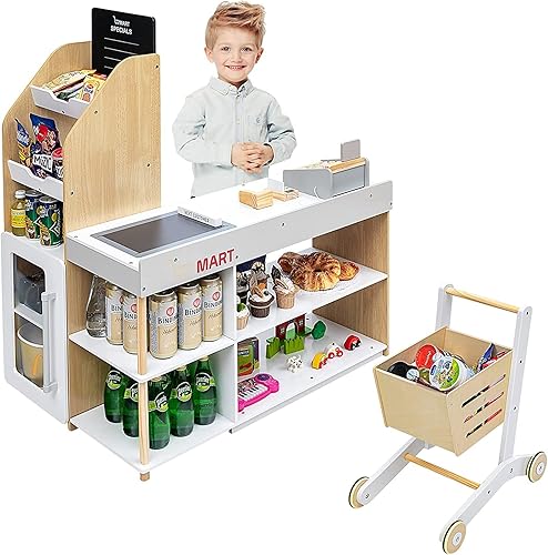 HONEY JOY Juego de tienda de comestibles para niños, juego de madera con carrito, soporte de caja registradora con monedas, pizarra, juguete de