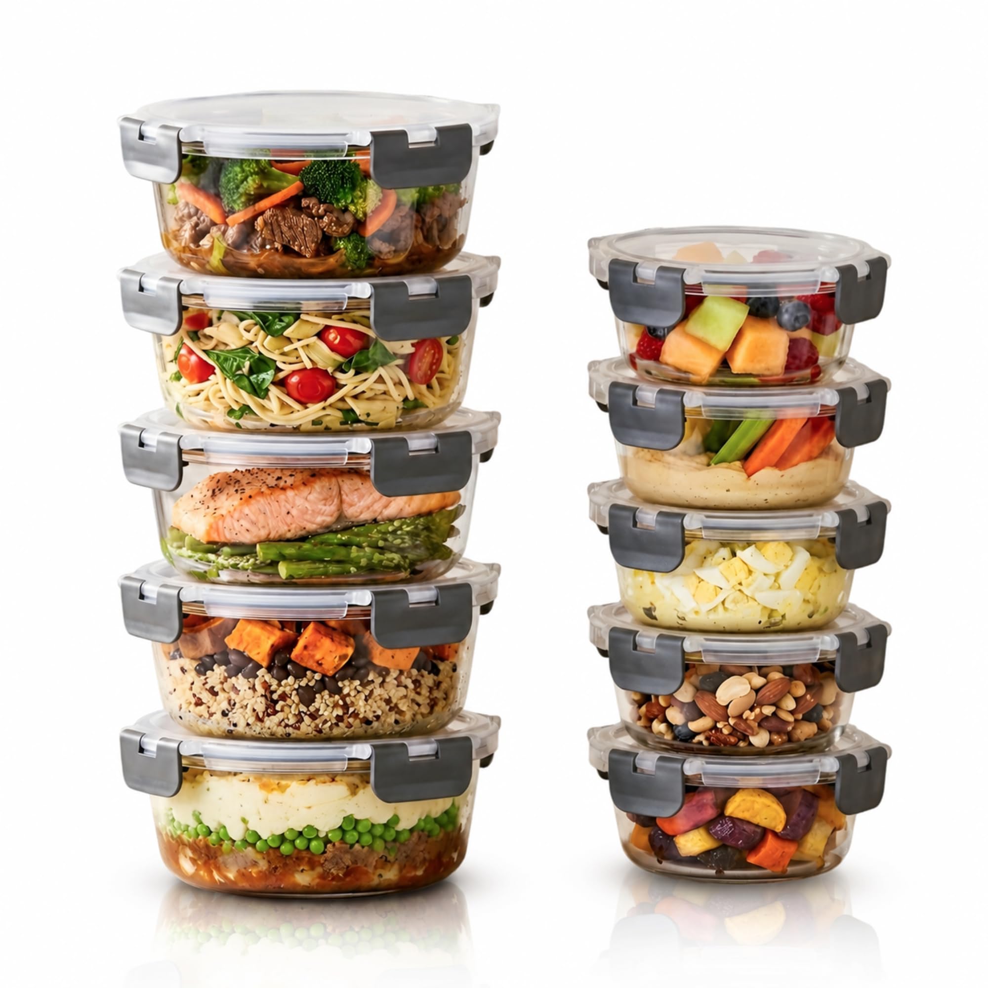 Straame Transparent Glass Meal Prep Containers 10 Pack, 950Ml & 400Ml, Round Lunch Tubs