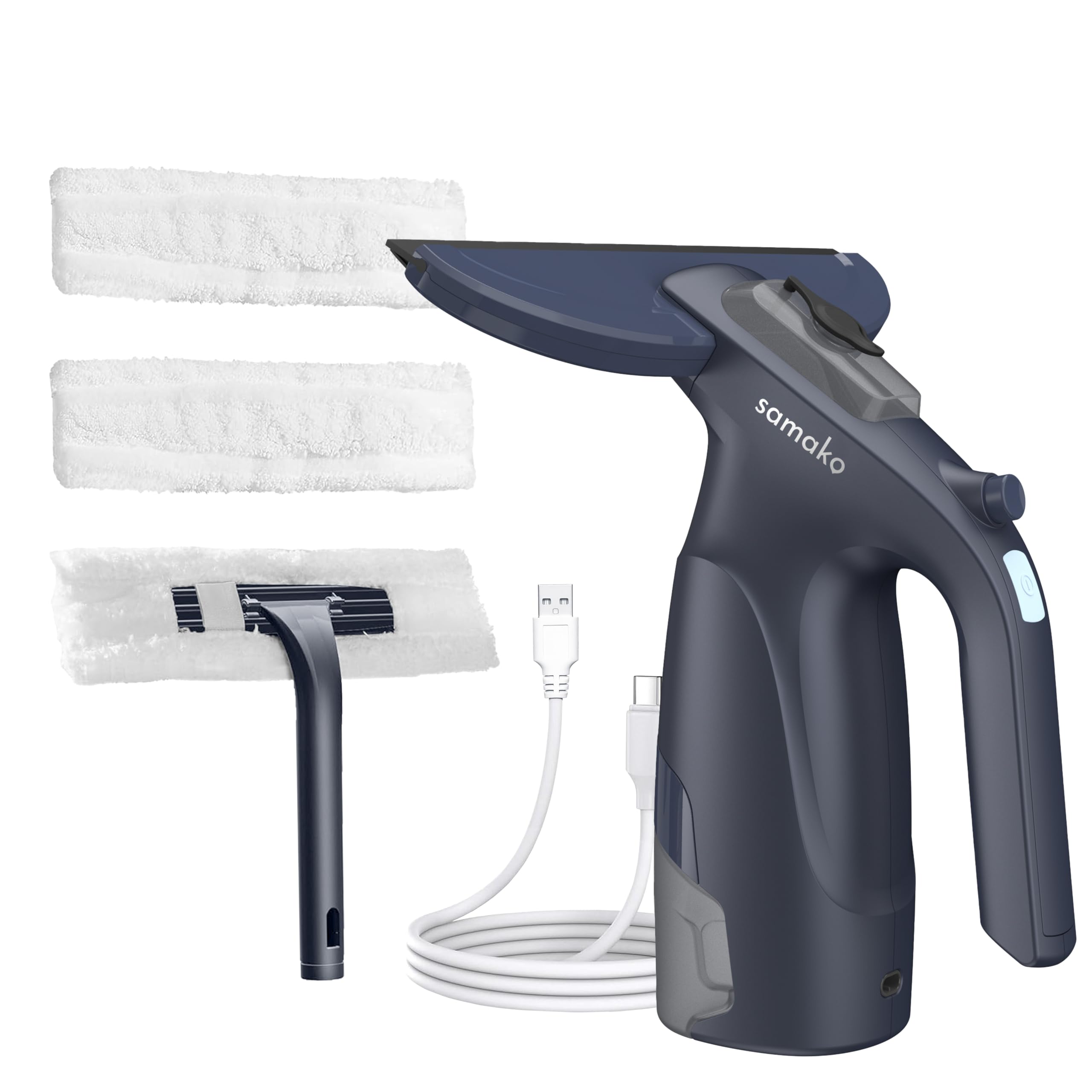 Samako CrystalClear Pulitore per finestre 3 in 1 – Aspirapolvere a batteria con funzione spray – Serbatoio rimovibile – Include 2 panni in microfibra